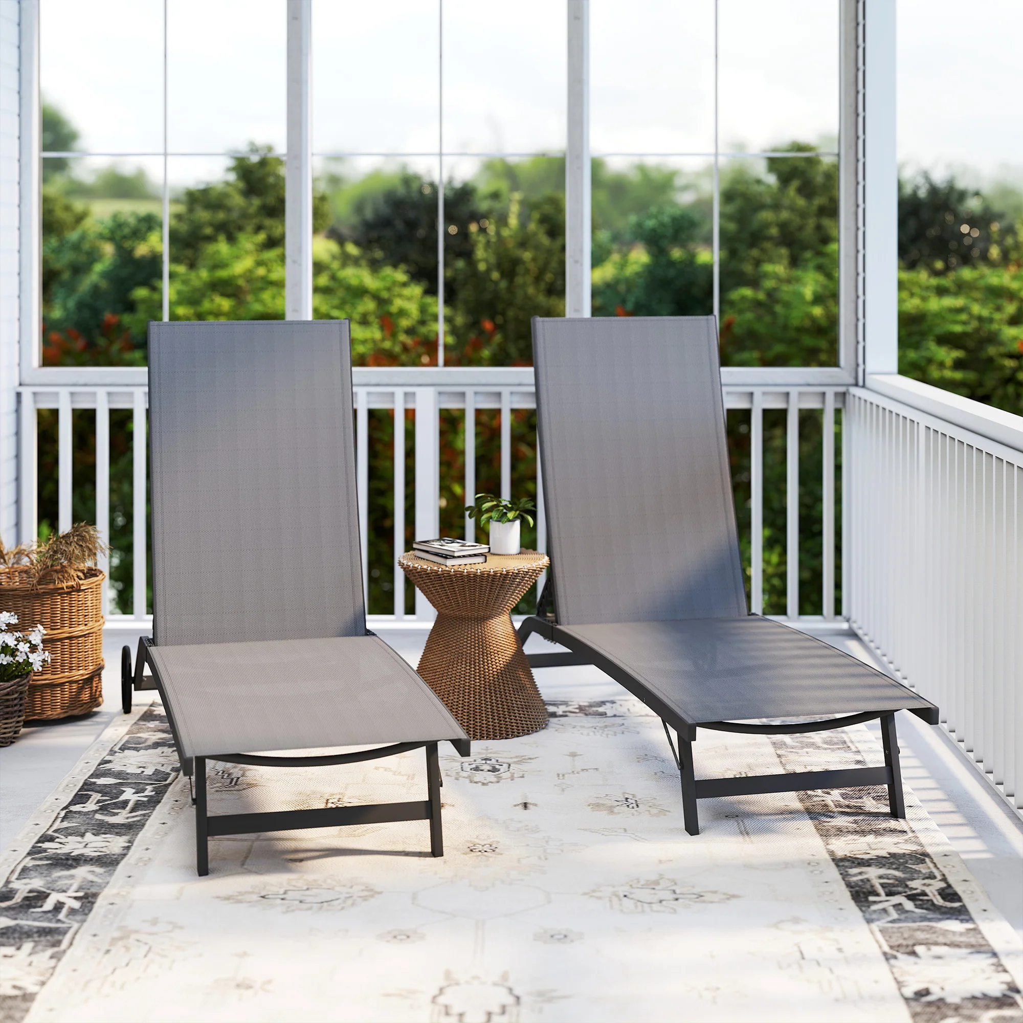 Set of 2 Outdoor Lounge Chairs with Wheels and Mesh Seat, Dark Grey - Image 11