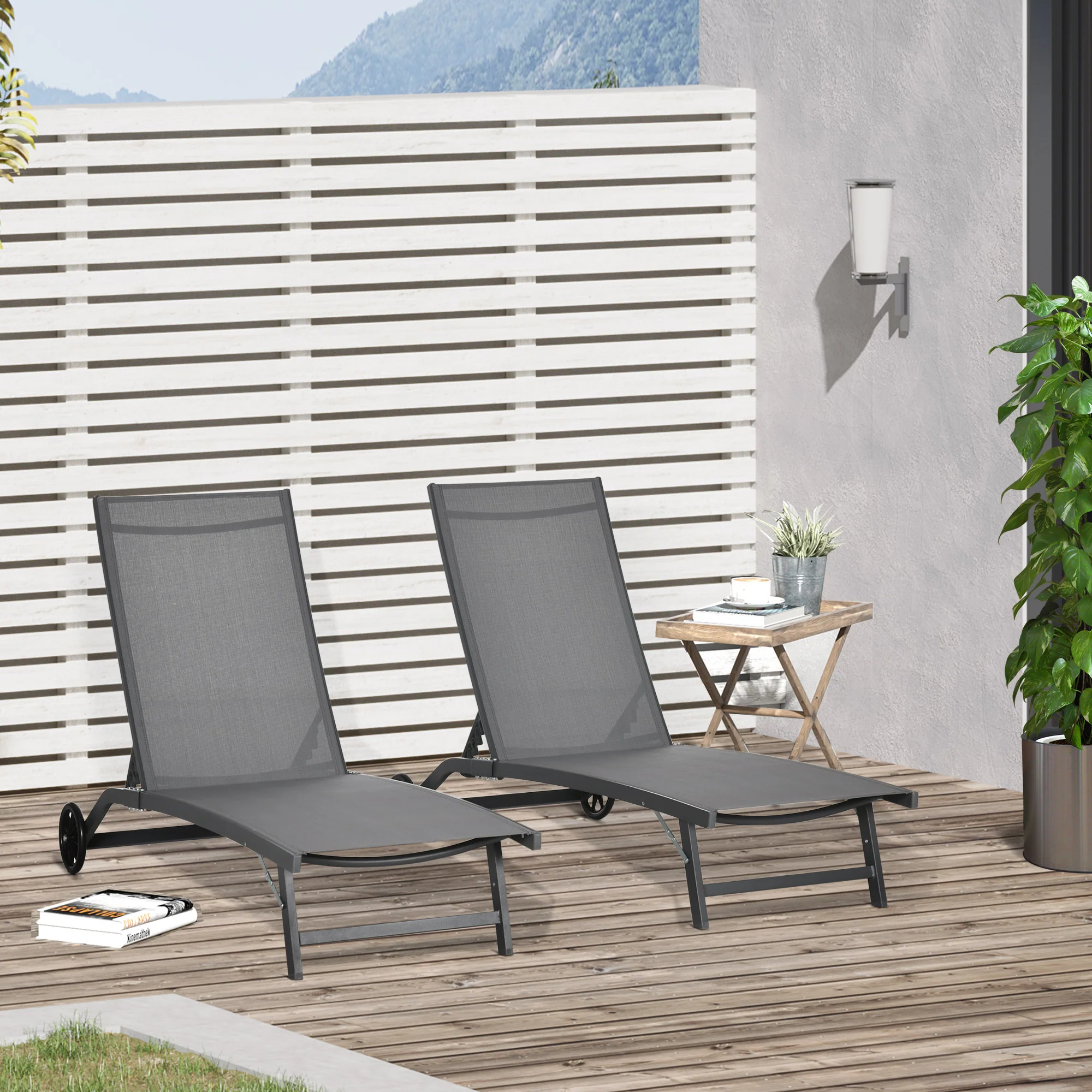 Set of 2 Outdoor Lounge Chairs with Wheels and Mesh Seat, Dark Grey - Image 3