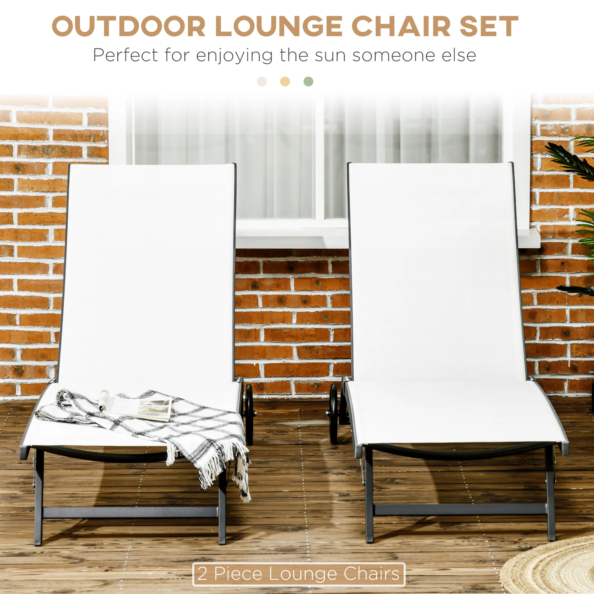 Set of 2 Outdoor Lounge Chairs with Wheels and Mesh Seat, Cream White - Image 6
