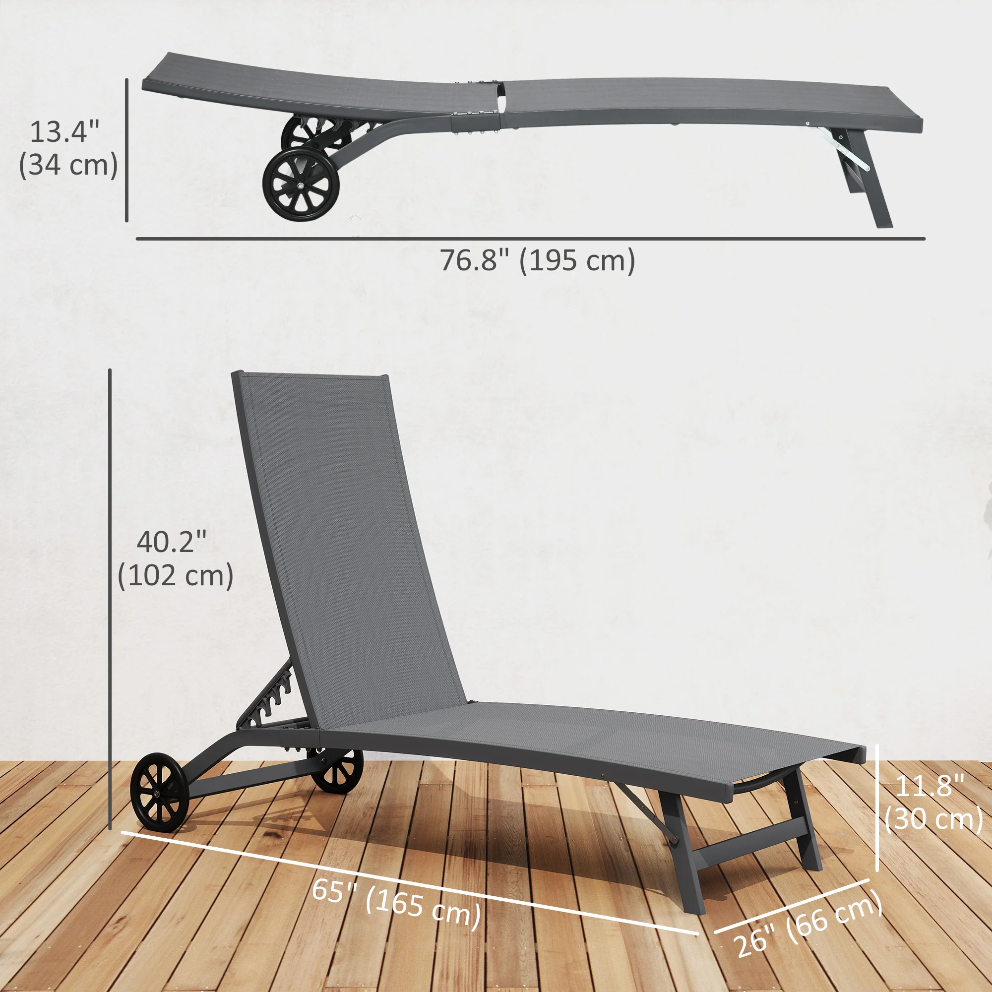 Set of 2 Outdoor Lounge Chairs with Wheels and Mesh Seat, Dark Grey - Image 5