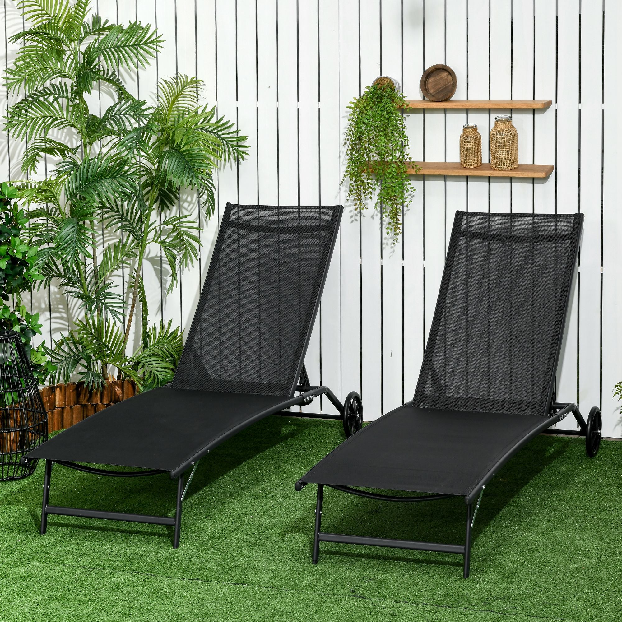 2PCs Outdoor Lounge Chairs with Wheels & 5-Level Adjustable Backrest for Garden, Black - Image 3