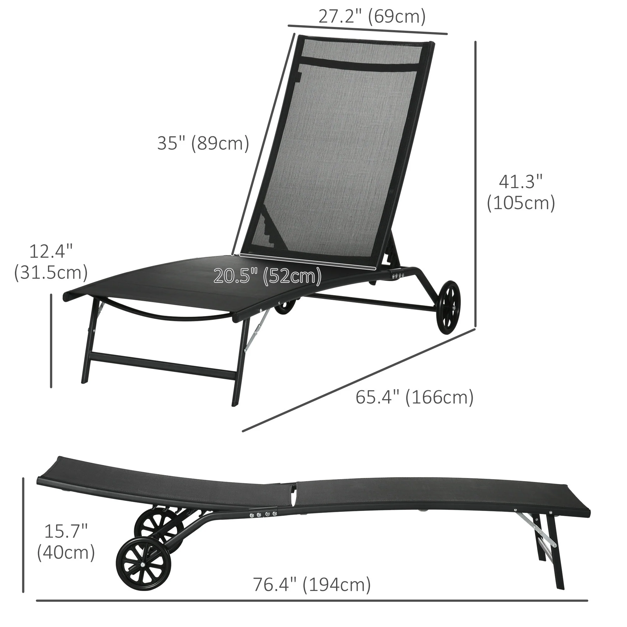 2PCs Outdoor Lounge Chairs with Wheels & 5-Level Adjustable Backrest for Garden, Black - Image 5