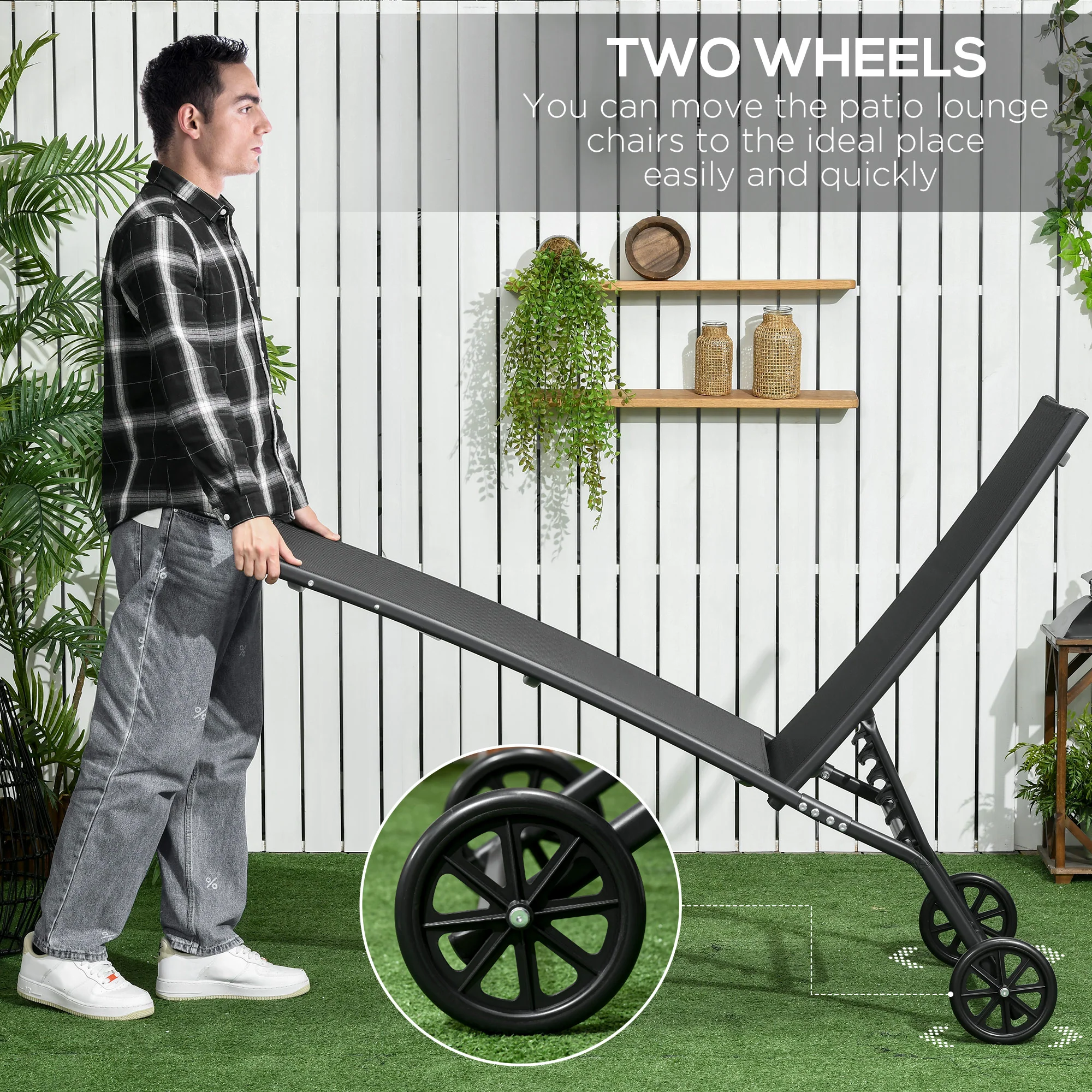 2PCs Outdoor Lounge Chairs with Wheels & 5-Level Adjustable Backrest for Garden, Black - Image 8