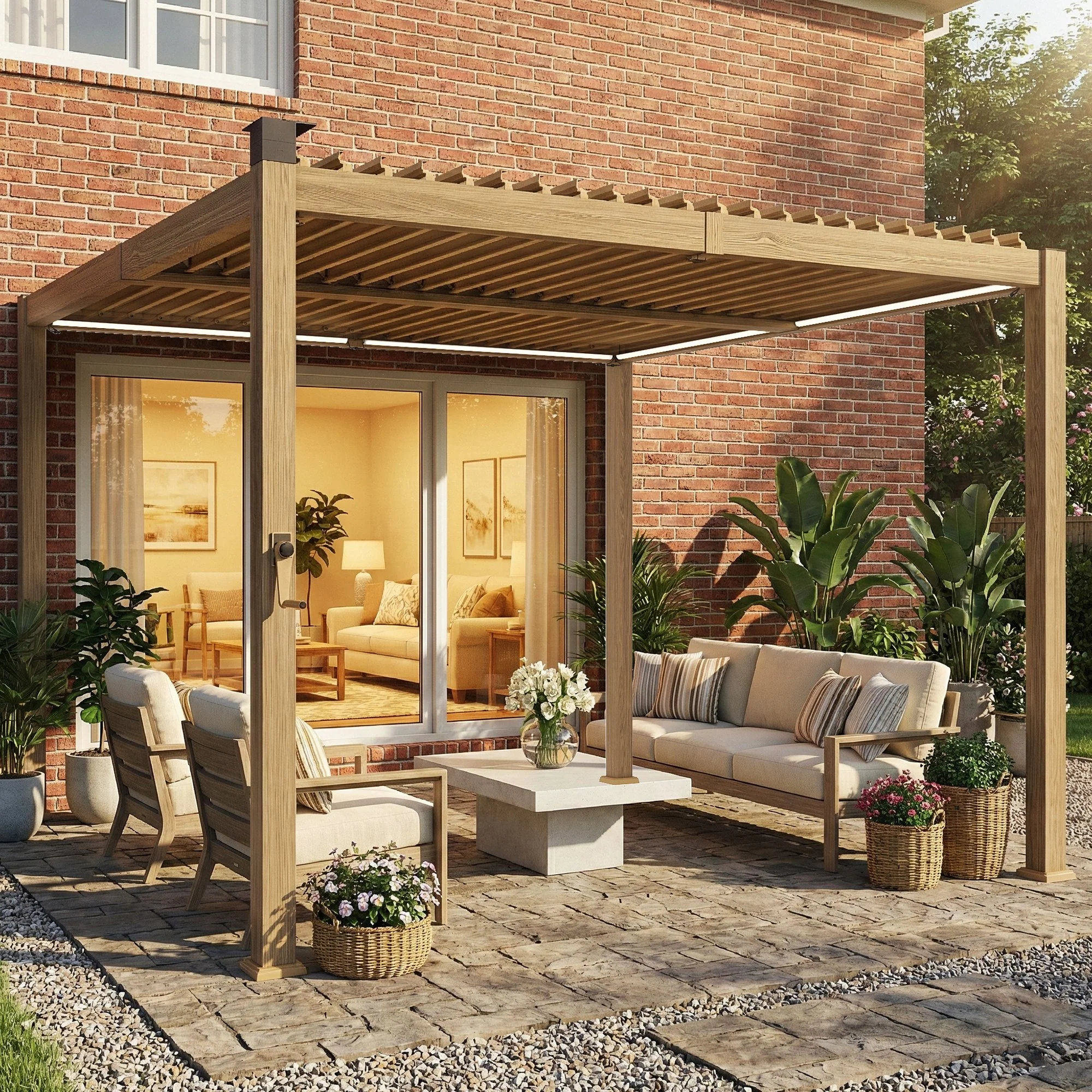 10' x 10' Louvered Pergola with Solar LED Lights and Adjustable Roof, Brown - Image 11