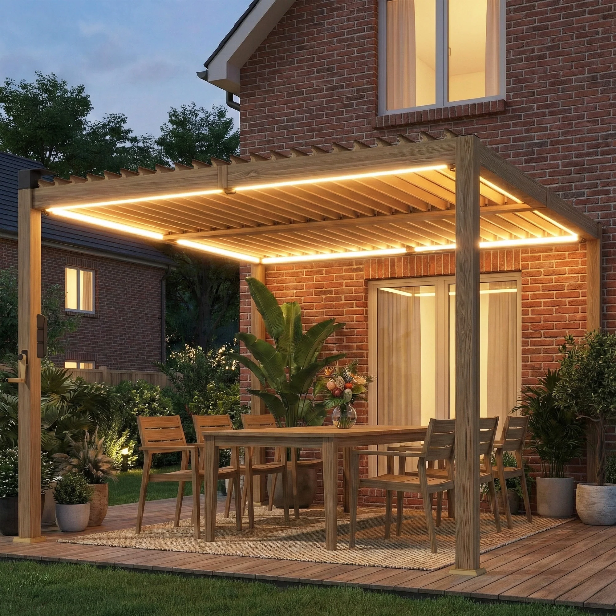 10' x 10' Louvered Pergola with Solar LED Lights and Adjustable Roof, Brown - Image 3