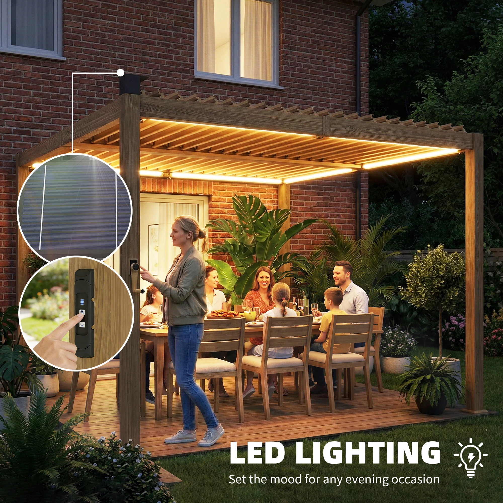 10' x 10' Louvered Pergola with Solar LED Lights and Adjustable Roof, Brown - Image 6