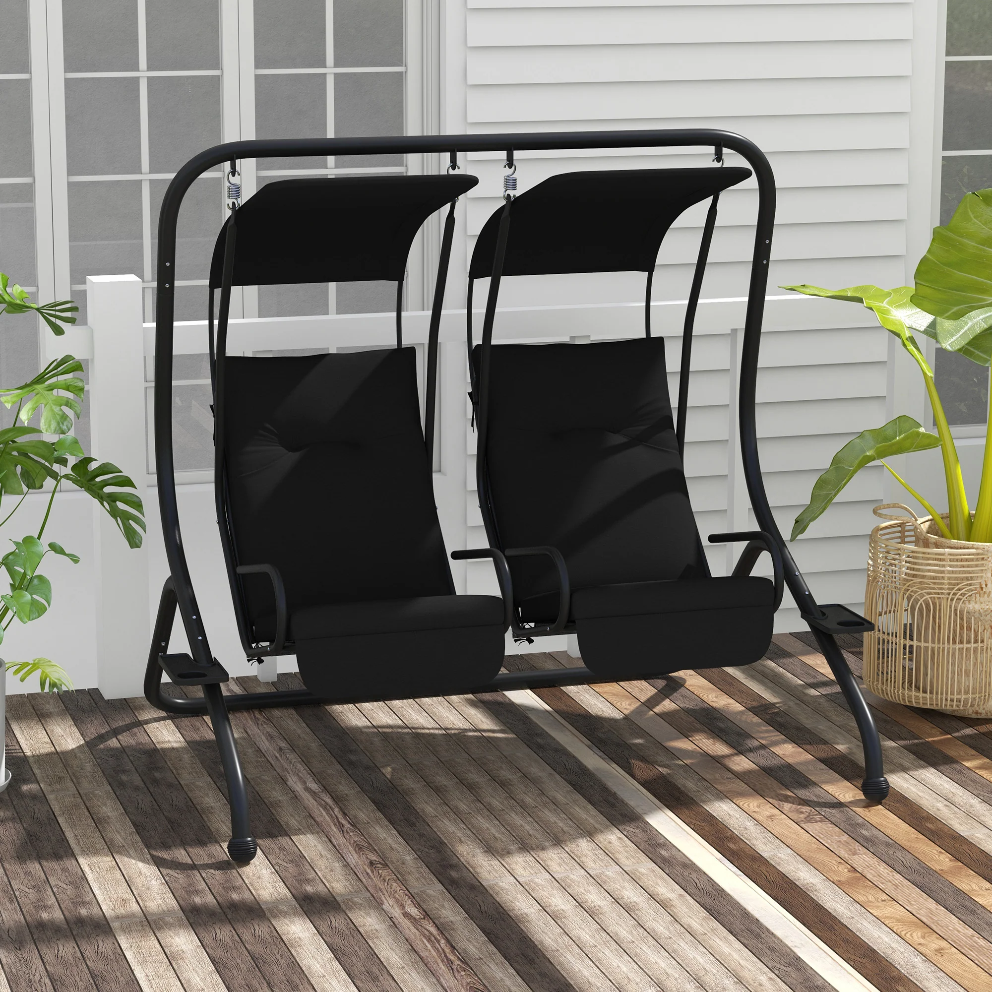 Outdoor Swing Glider with 2 Separate Seats, Removable Canopy & Cup Holders, Black - Image 3