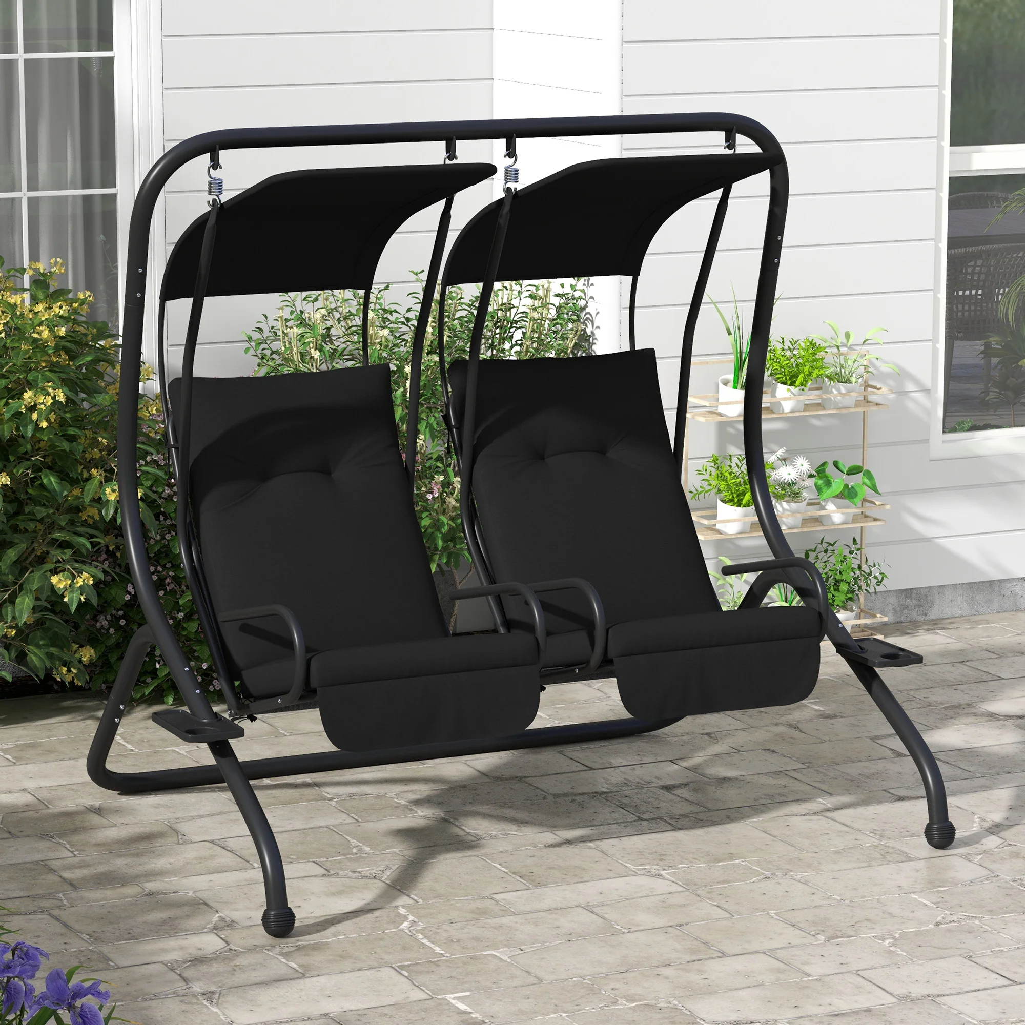 Outdoor Swing Glider with 2 Separate Seats, Removable Canopy & Cup Holders, Black - Image 4