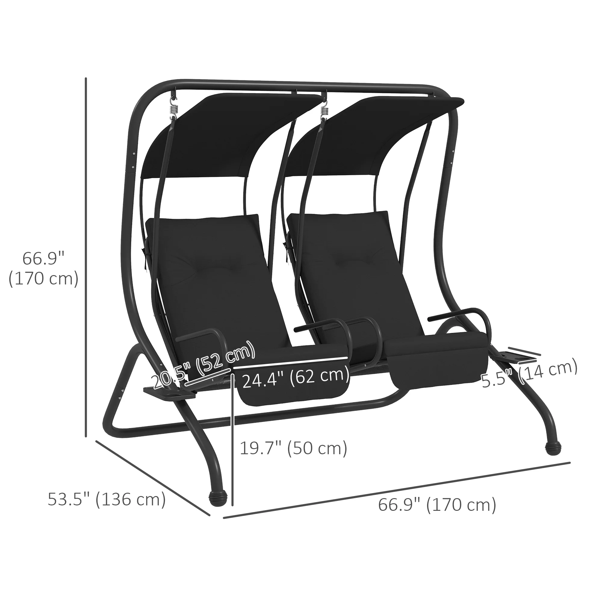 Outdoor Swing Glider with 2 Separate Seats, Removable Canopy & Cup Holders, Black - Image 5