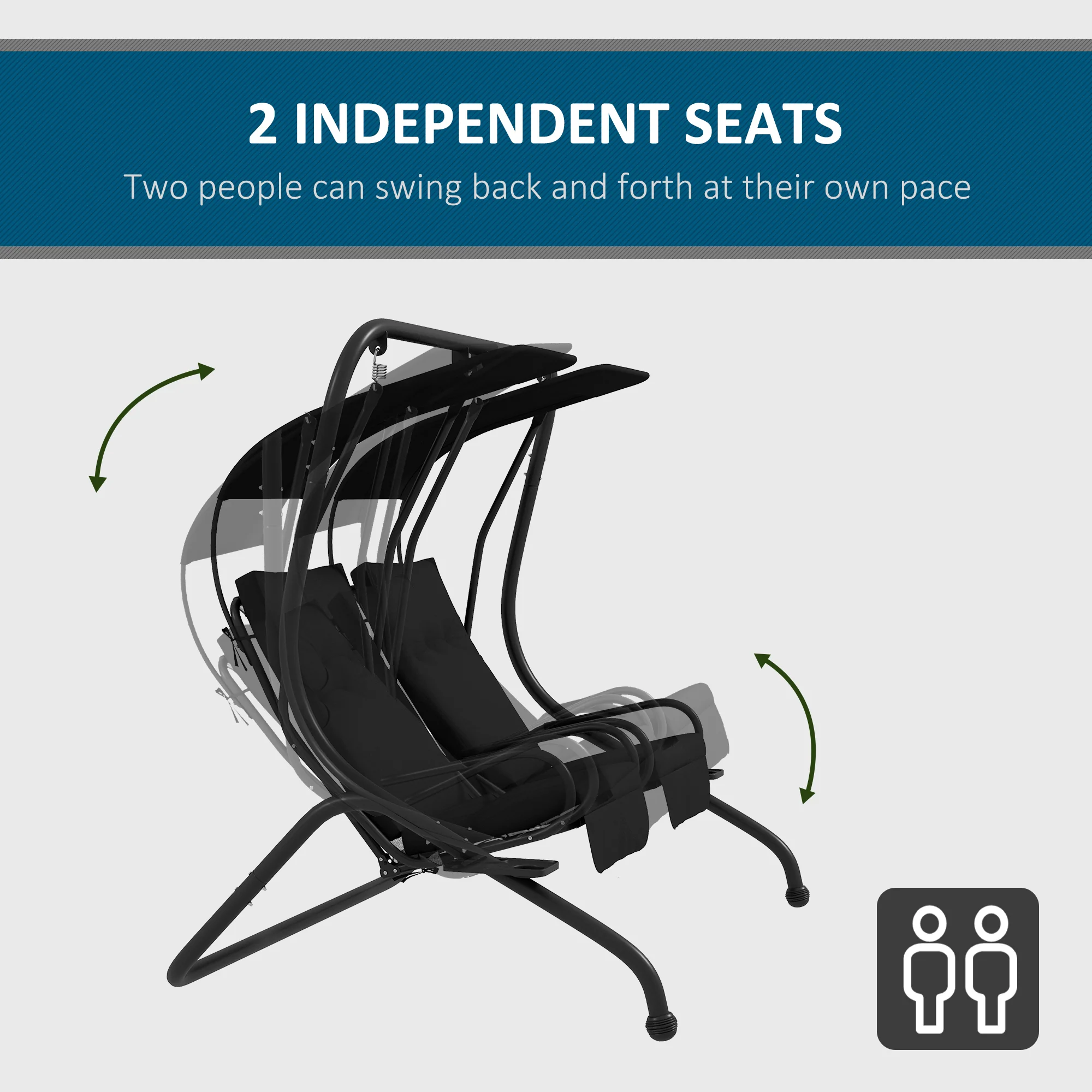 Outdoor Swing Glider with 2 Separate Seats, Removable Canopy & Cup Holders, Black - Image 6