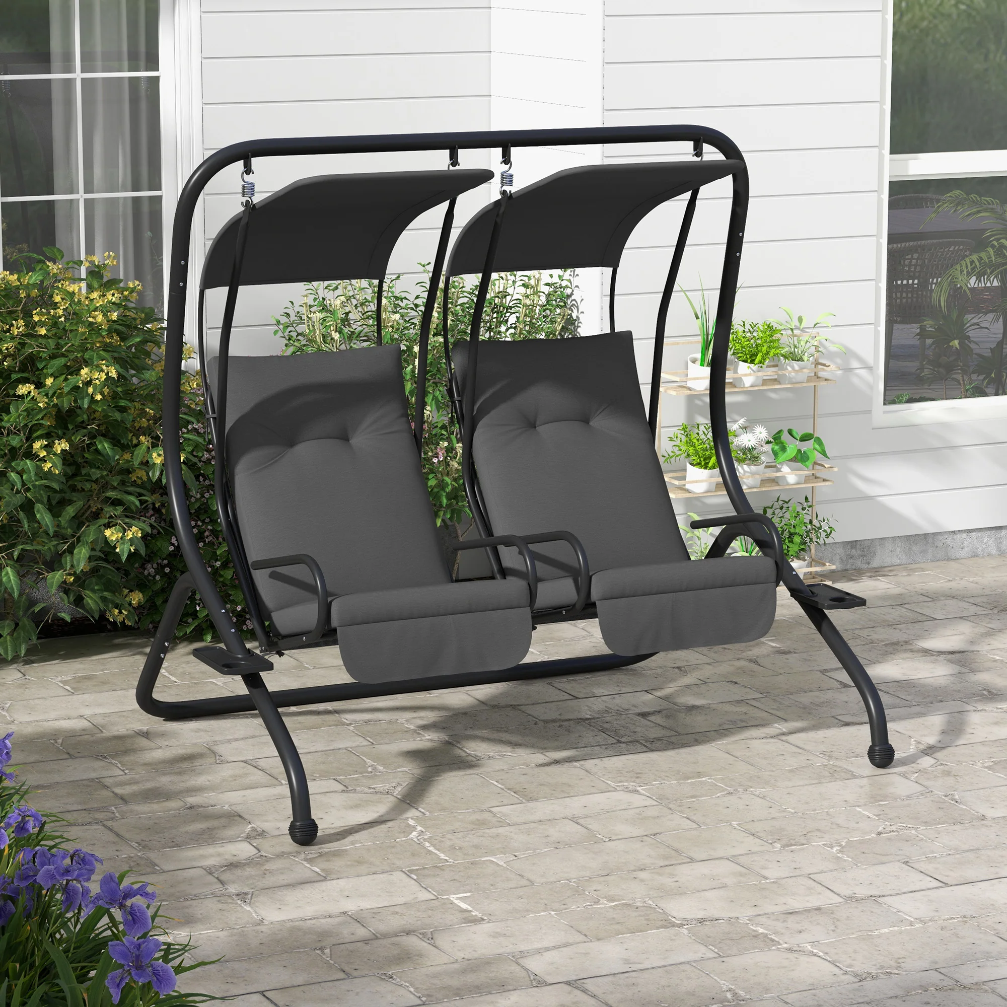 Outdoor Swing Glider with 2 Separate Seats, Removable Canopy & Cup Holders, Grey - Image 4