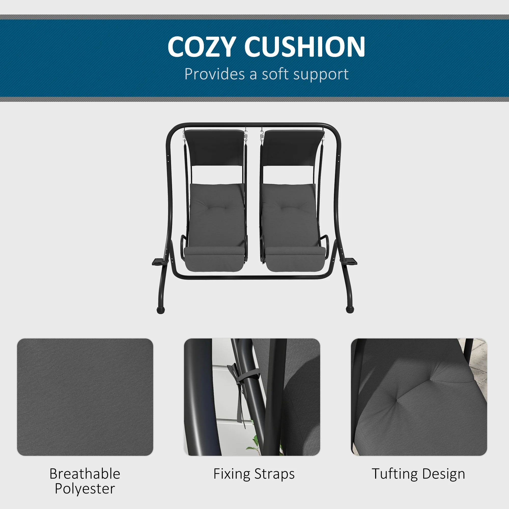 Outdoor Swing Glider with 2 Separate Seats, Removable Canopy & Cup Holders, Grey - Image 8