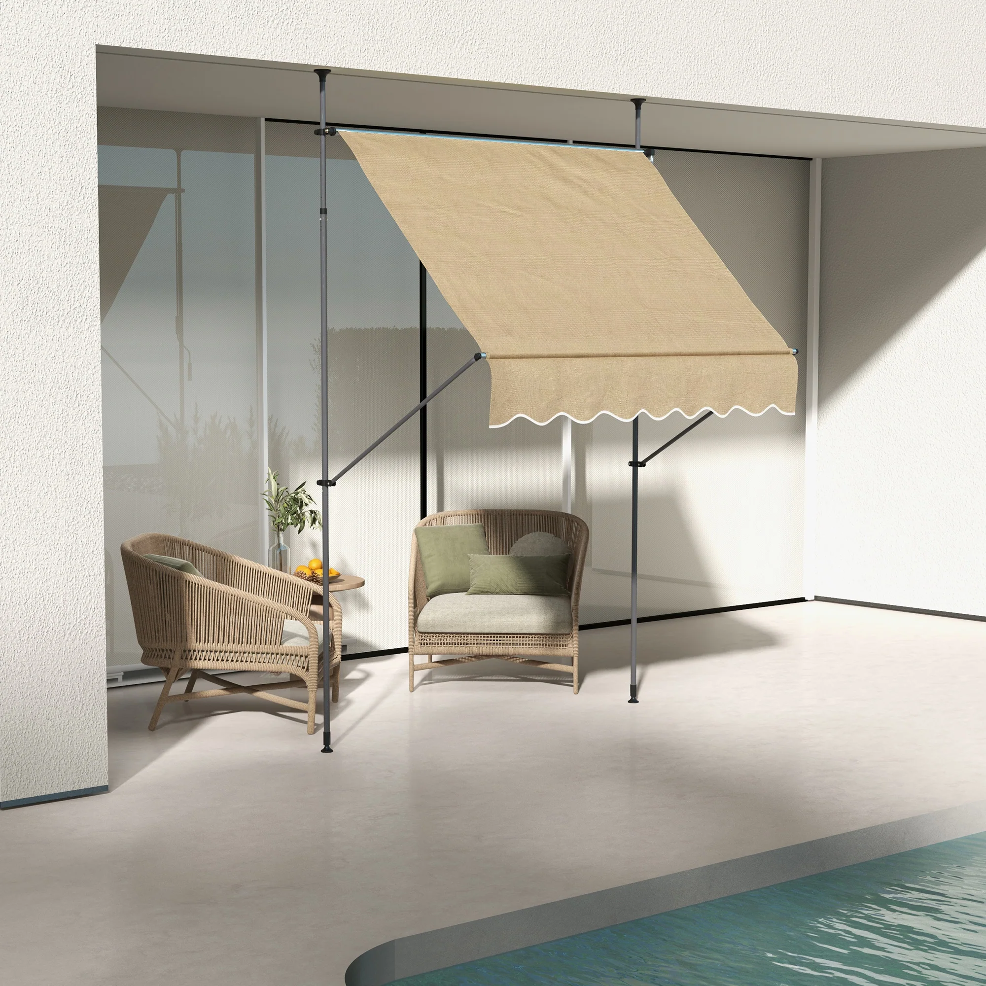 79" Manual Retractable Awning with Support Pole, Beige - Image 3