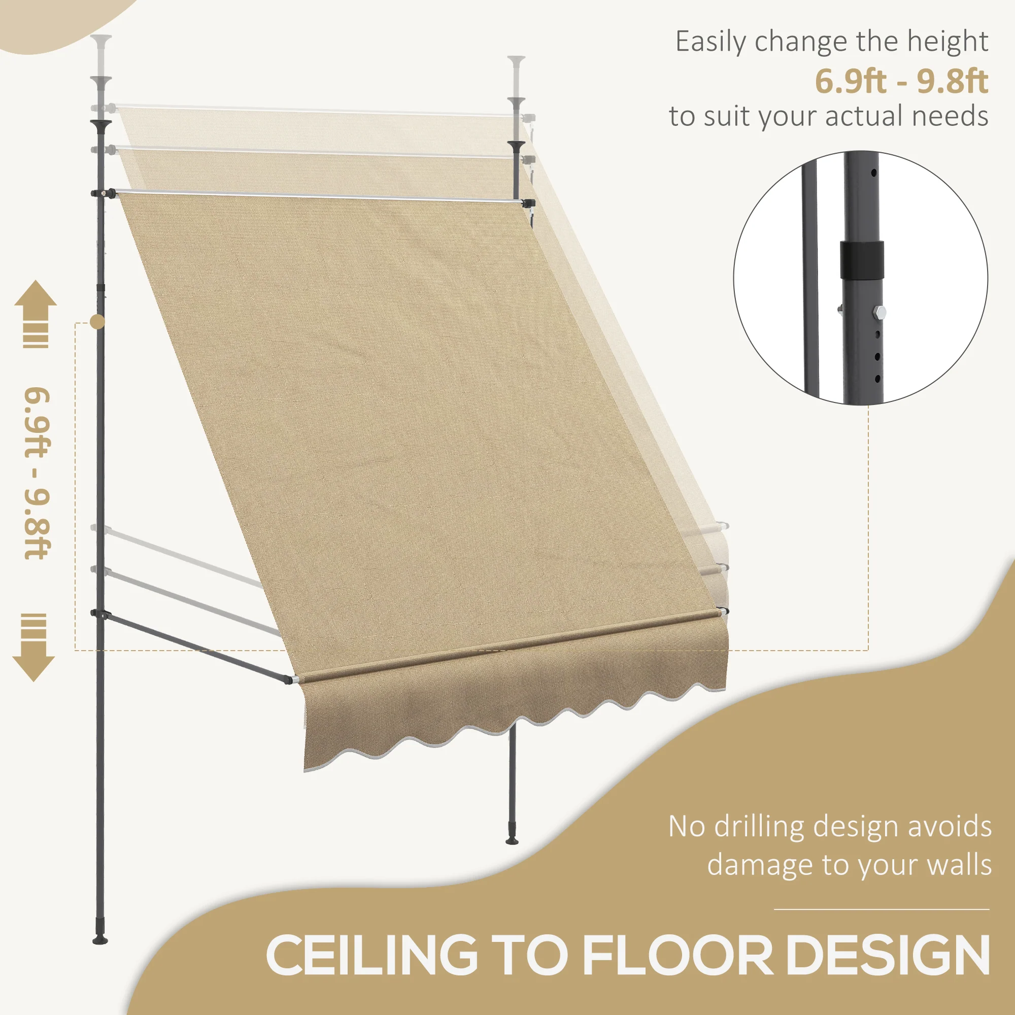 79" Manual Retractable Awning with Support Pole, Beige - Image 6