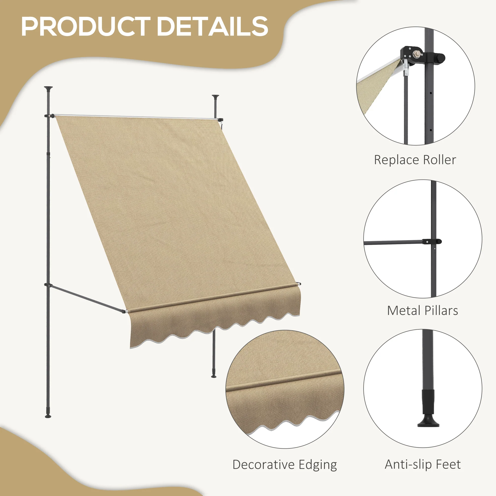 79" Manual Retractable Awning with Support Pole, Beige - Image 9