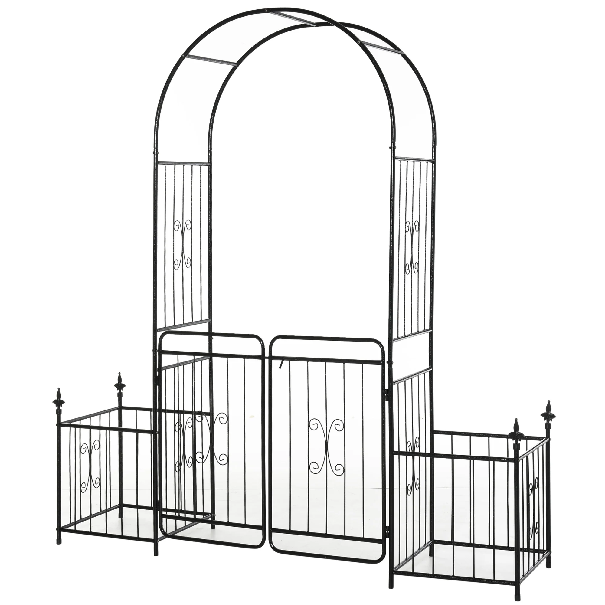 Metal Garden Arbor Arch with Double Doors & 2 Side Planter Baskets, for Climbing Plants, Vine, Black