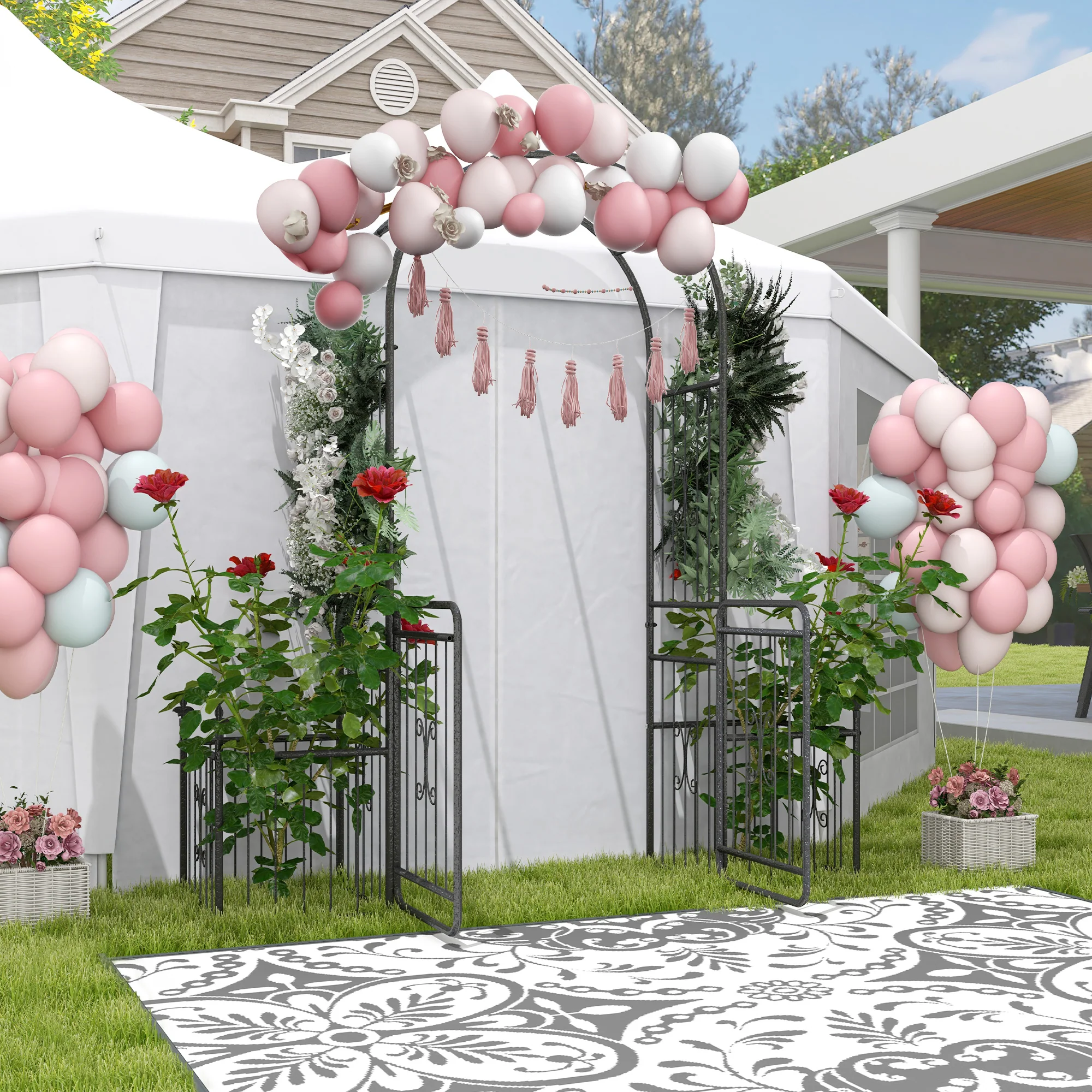 Metal Garden Arbor Arch with Double Doors & 2 Side Planter Baskets, for Climbing Plants, Vine, Black - Image 11