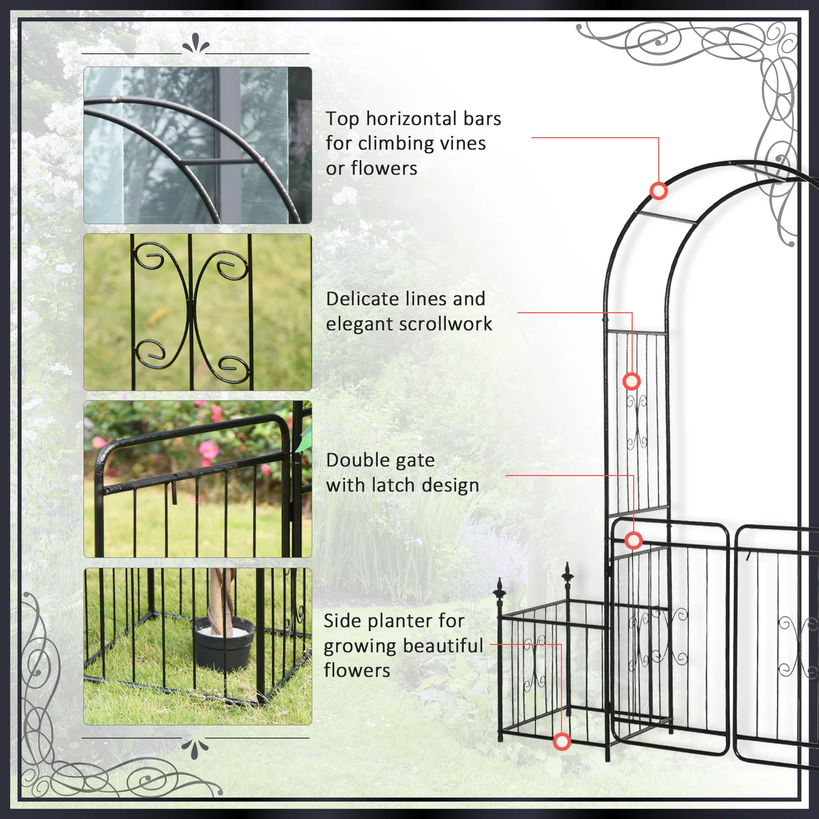 Metal Garden Arbor Arch with Double Doors & 2 Side Planter Baskets, for Climbing Plants, Vine, Black - Image 8