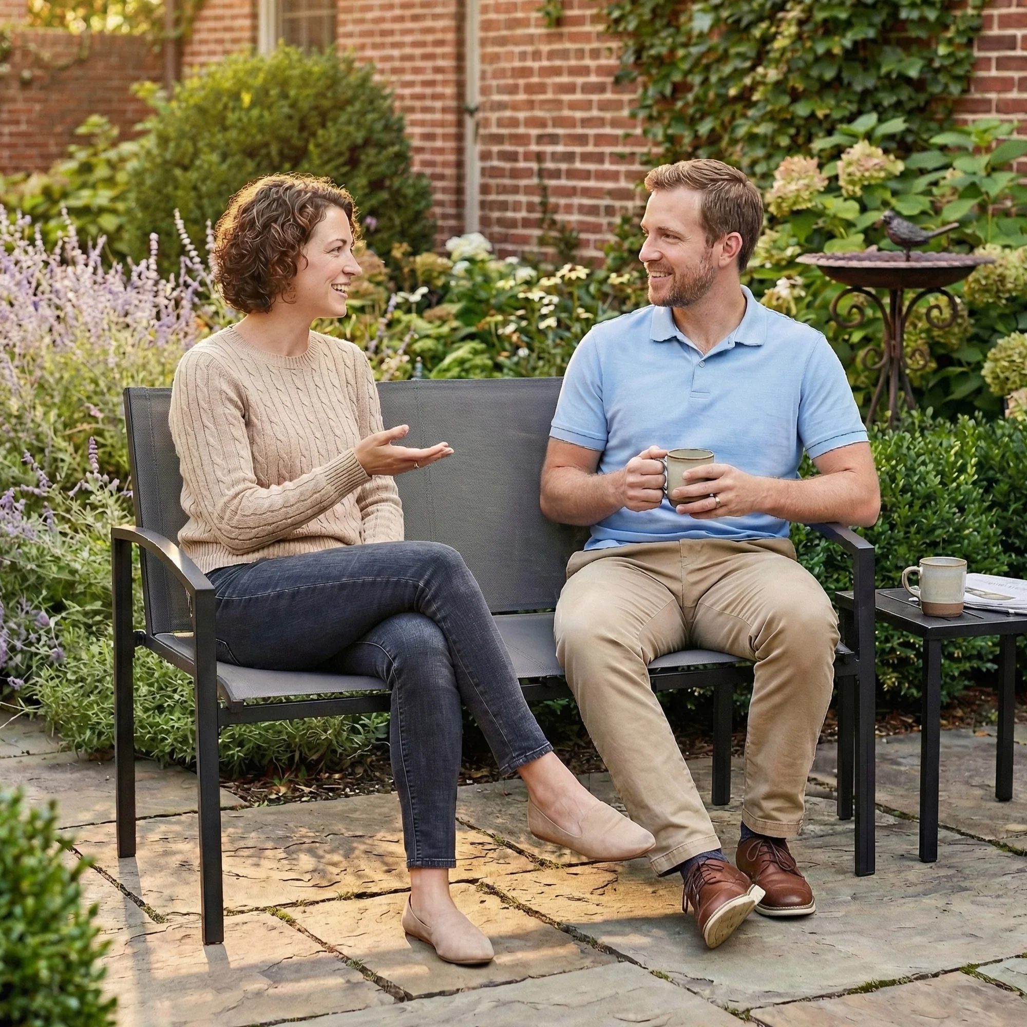 2 Seater Metal Garden Bench with Texteline Seat, Grey - Image 3