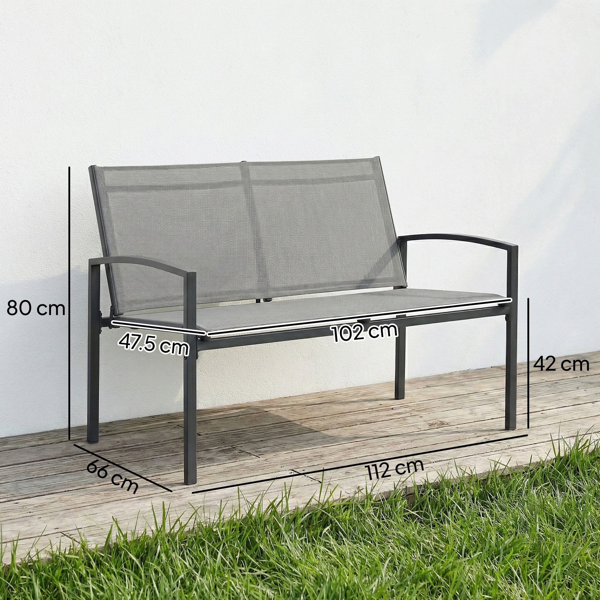 2 Seater Metal Garden Bench with Texteline Seat, Grey - Image 5