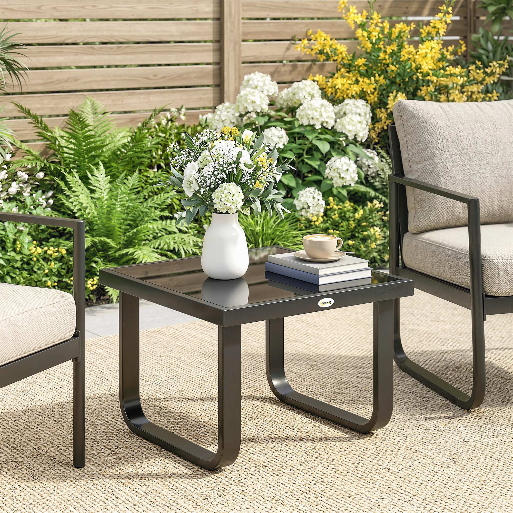 Metal Side Table with Tempered Glass Top & Adjustable Feet, 45x45x33 cm, Black - Image 3