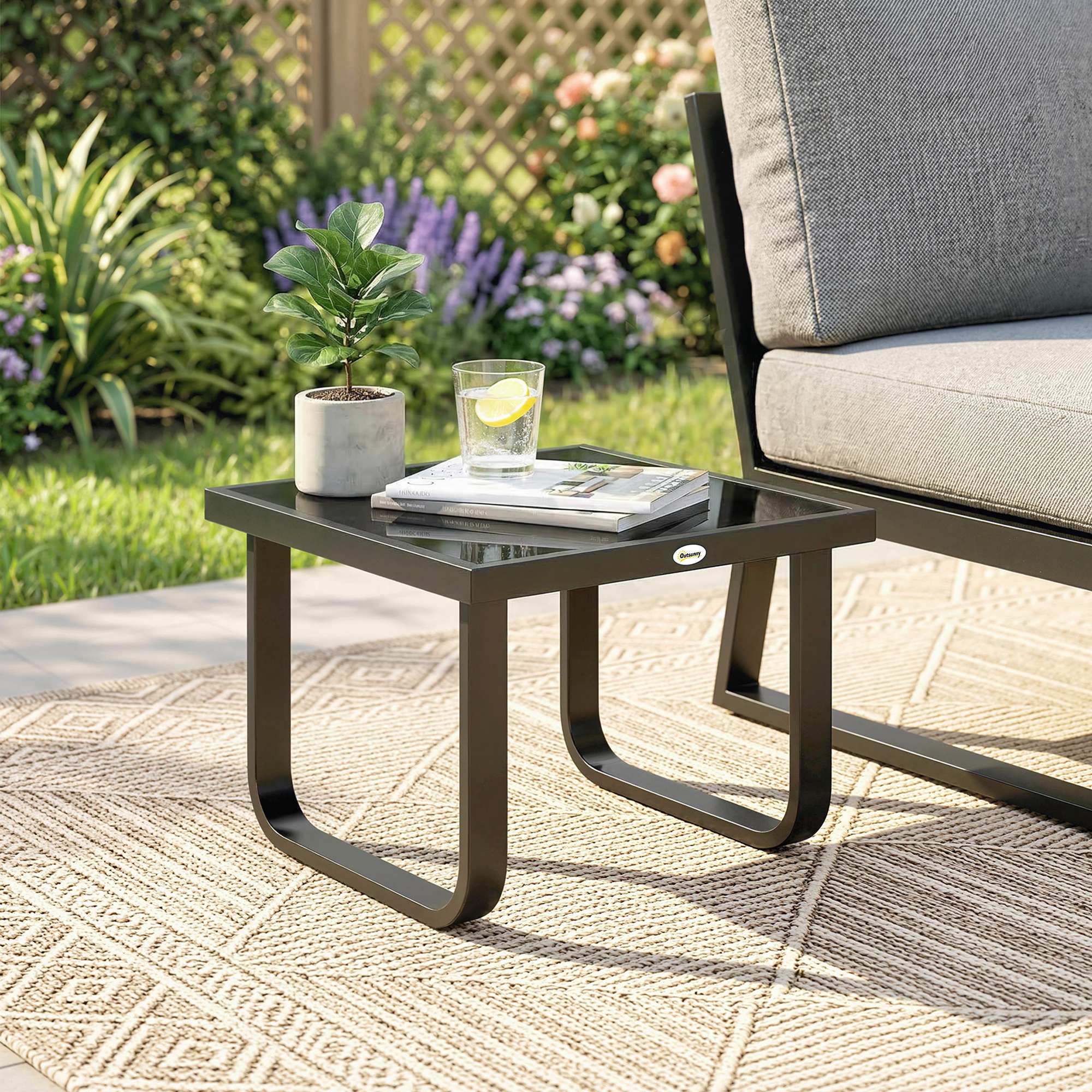 Metal Side Table with Tempered Glass Top & Adjustable Feet, 45x45x33 cm, Black - Image 4