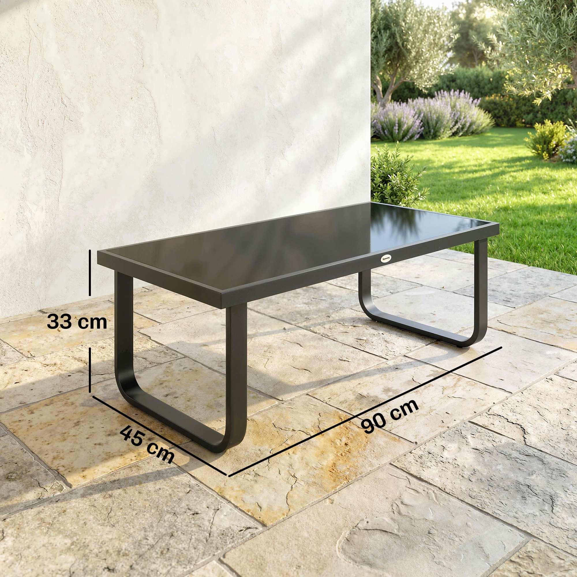 Outdoor Metal Coffee Table 90x45x33 cm with Tempered Glass Top, Black - Image 5