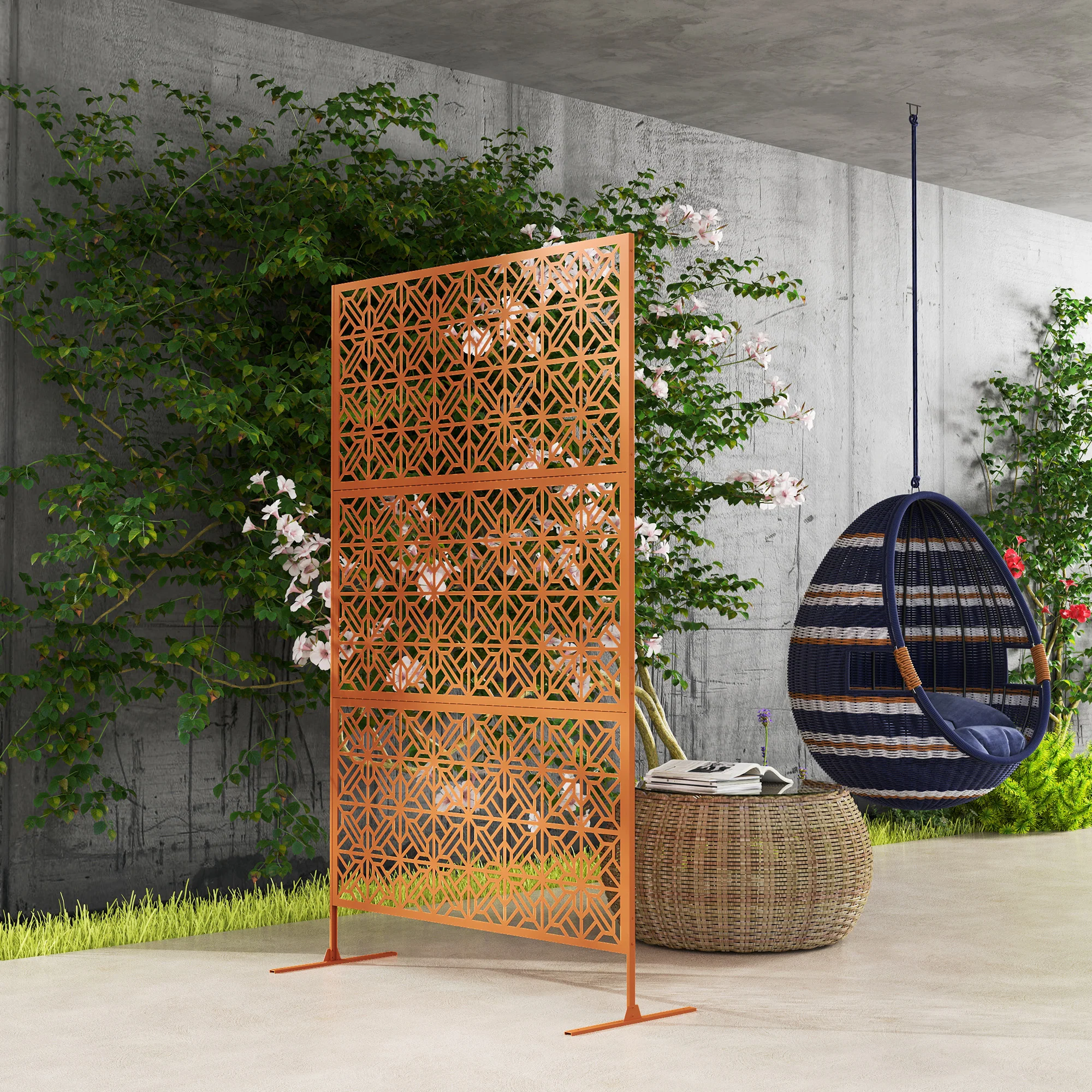 78" x 48" Metal Freestanding Outdoor Divider with Striped Hollow Design for Garden, Brown - Image 10