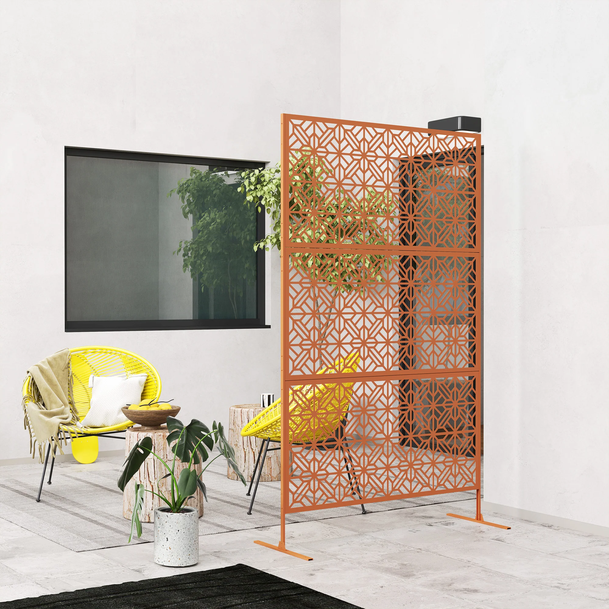78" x 48" Metal Freestanding Outdoor Divider with Striped Hollow Design for Garden, Brown - Image 11