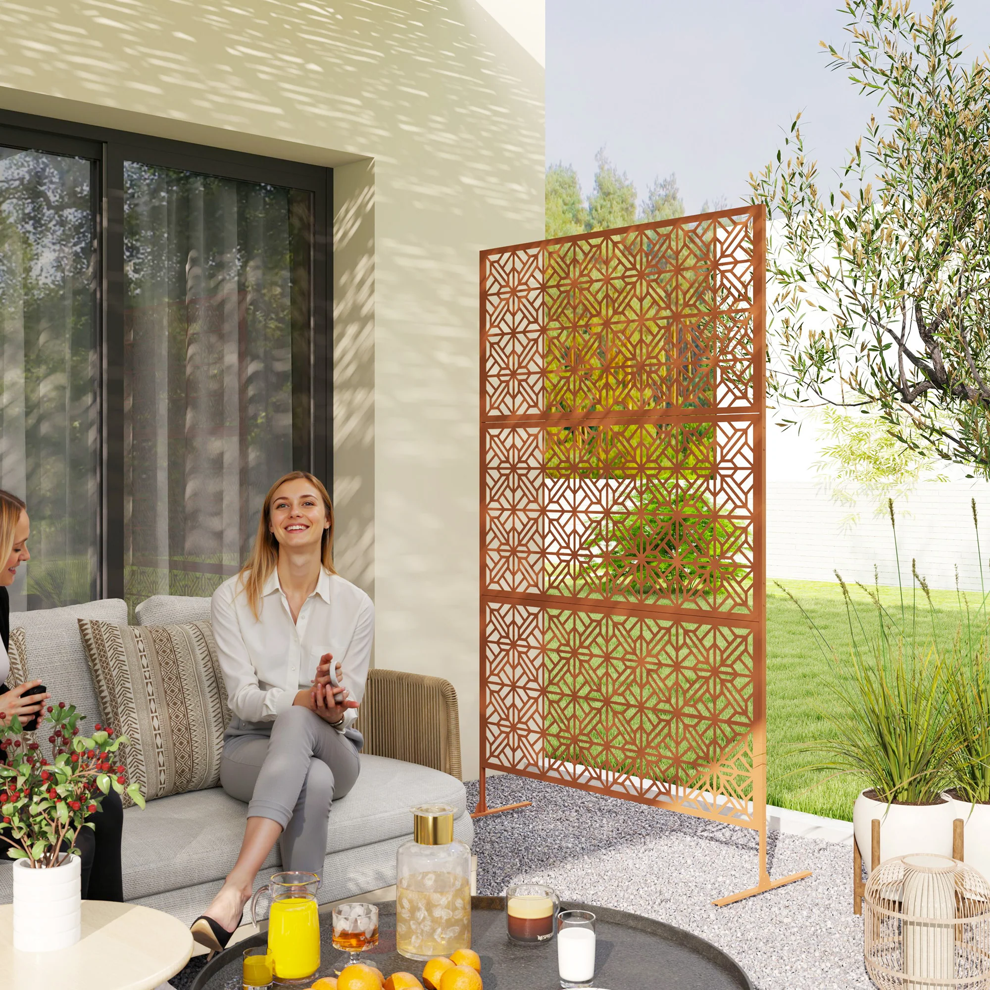 78" x 48" Metal Freestanding Outdoor Divider with Striped Hollow Design for Garden, Brown - Image 3