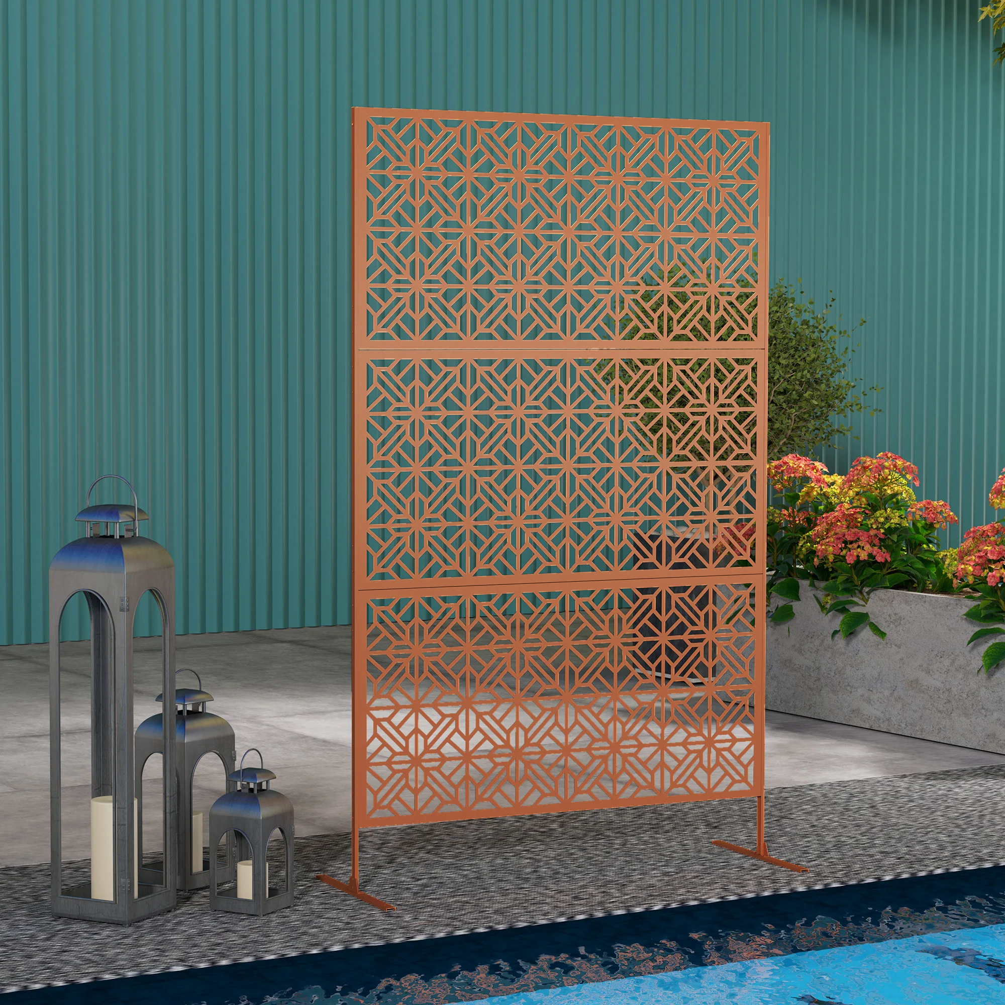 78" x 48" Metal Freestanding Outdoor Divider with Striped Hollow Design for Garden, Brown - Image 4