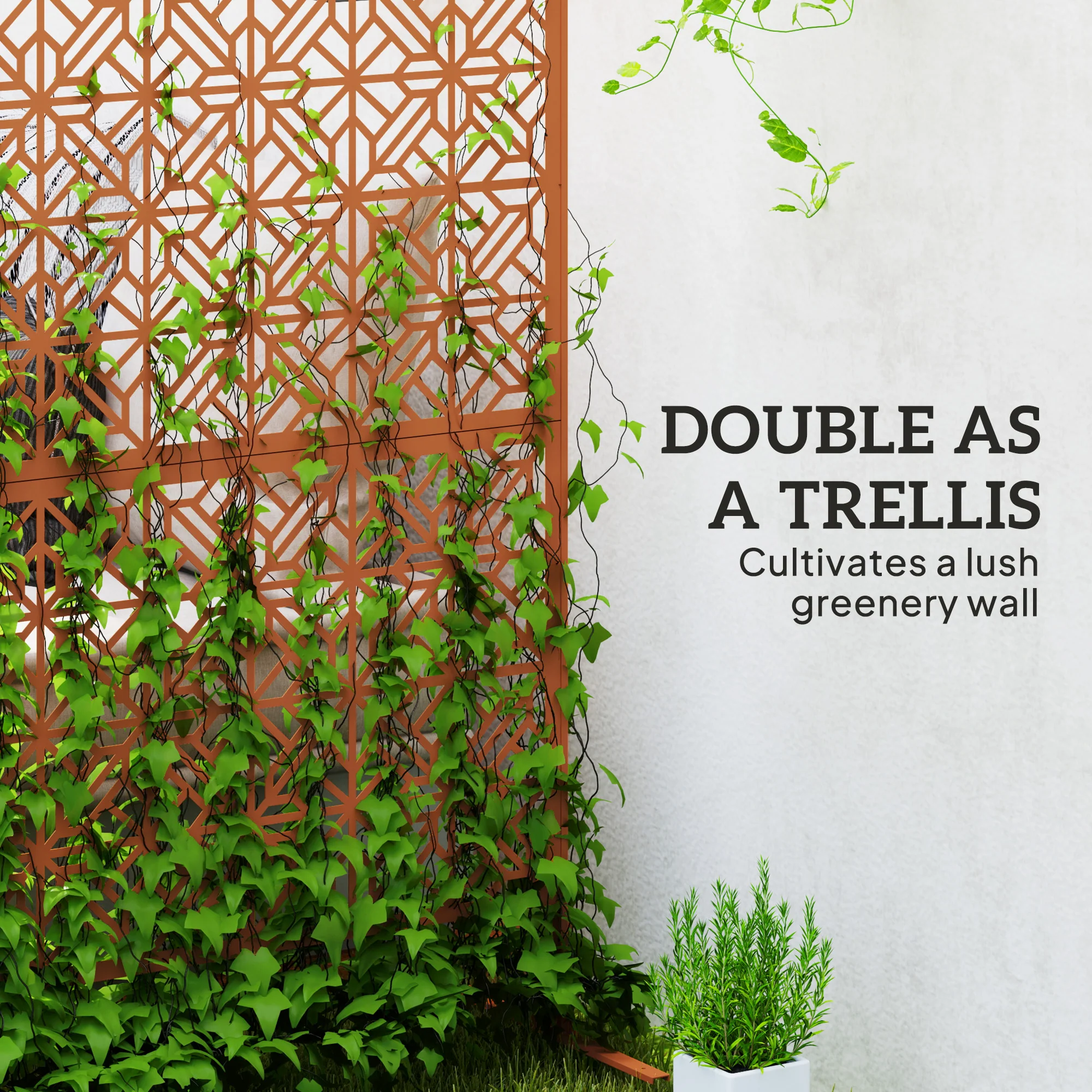 78" x 48" Metal Freestanding Outdoor Divider with Striped Hollow Design for Garden, Brown - Image 7