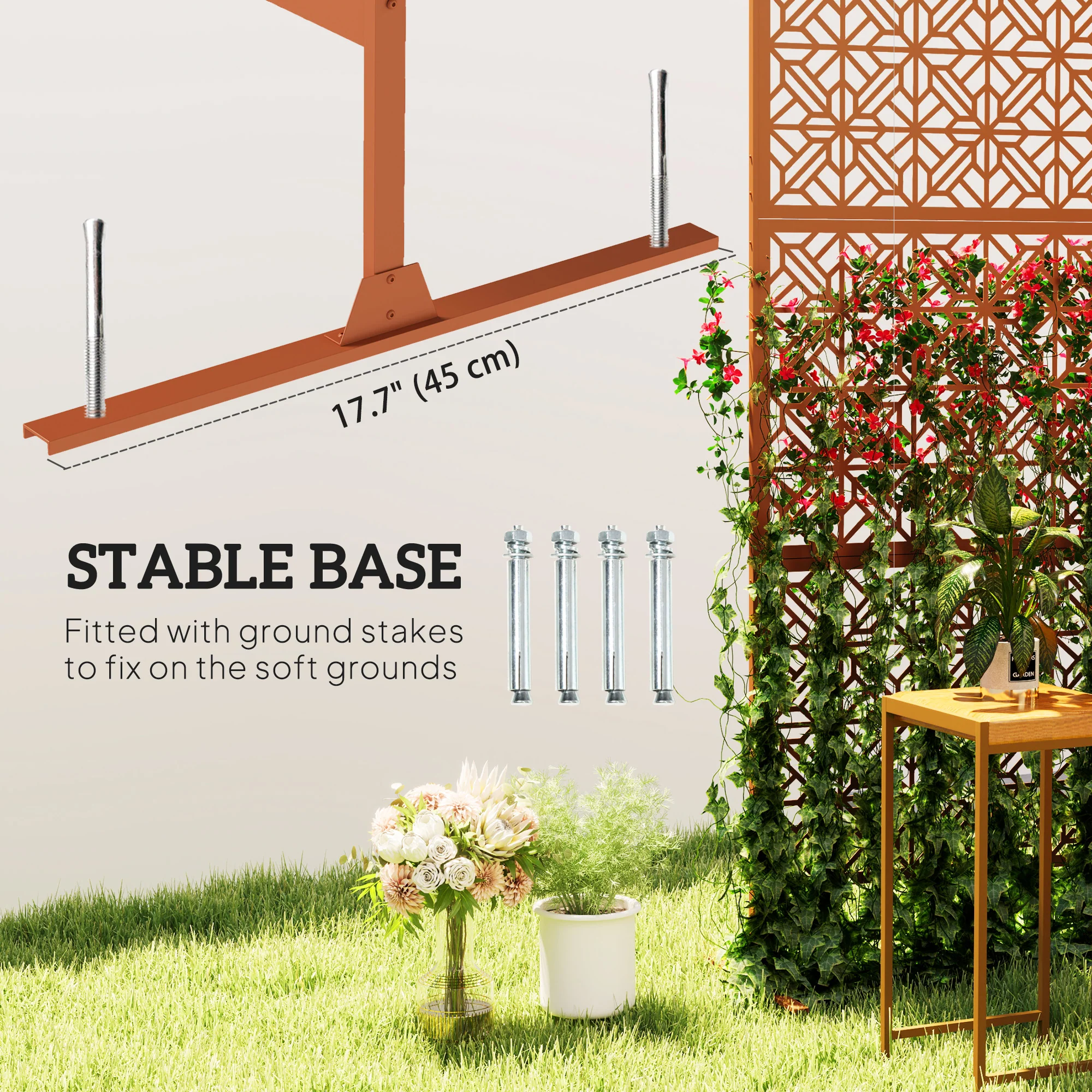 78" x 48" Metal Freestanding Outdoor Divider with Striped Hollow Design for Garden, Brown - Image 8