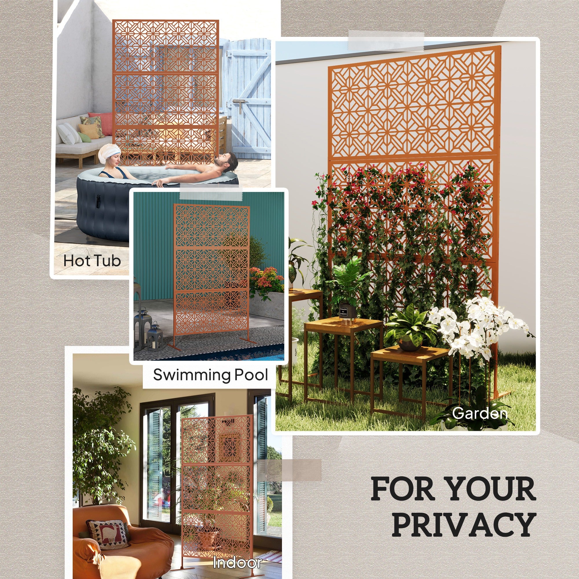 78" x 48" Metal Freestanding Outdoor Divider with Striped Hollow Design for Garden, Brown - Image 9