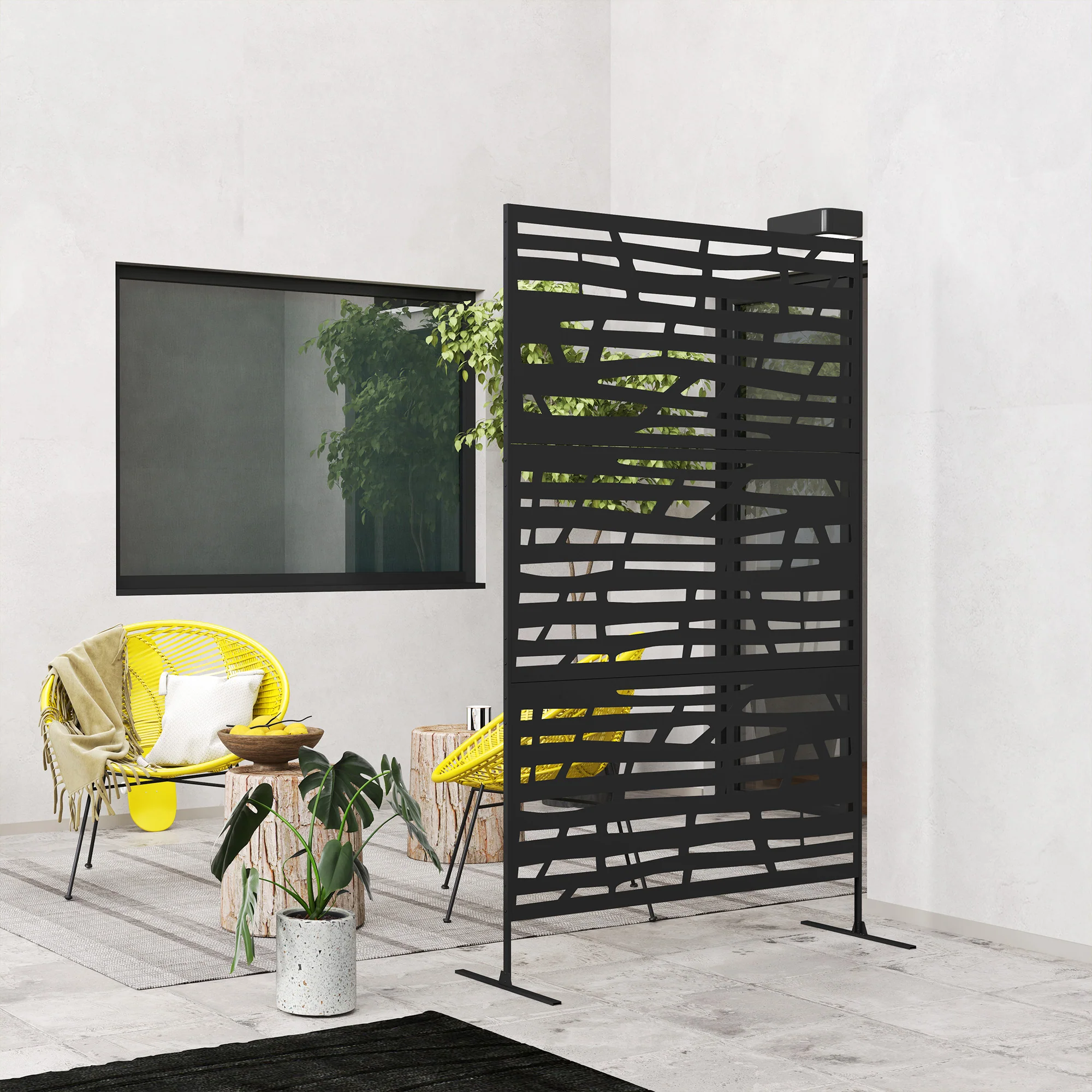 Metal Outdoor Privacy Screen, 78"H x 48"W Decorative Outdoor Divider with Stand, Freestanding Privacy Panel with Striped Hollow Design for Garden, Patio, Backyard, Black - Image 11