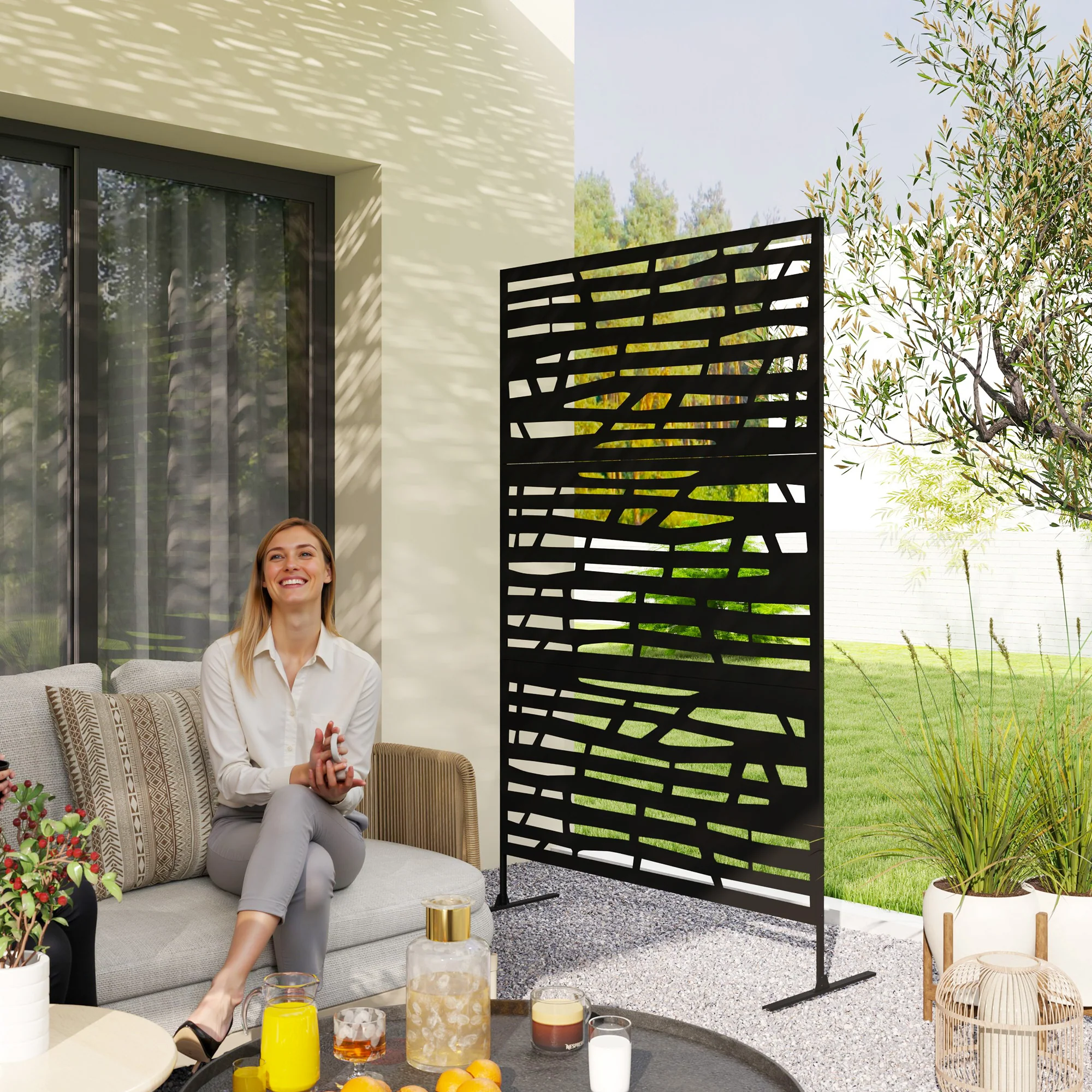 Metal Outdoor Privacy Screen, 78"H x 48"W Decorative Outdoor Divider with Stand, Freestanding Privacy Panel with Striped Hollow Design for Garden, Patio, Backyard, Black - Image 3