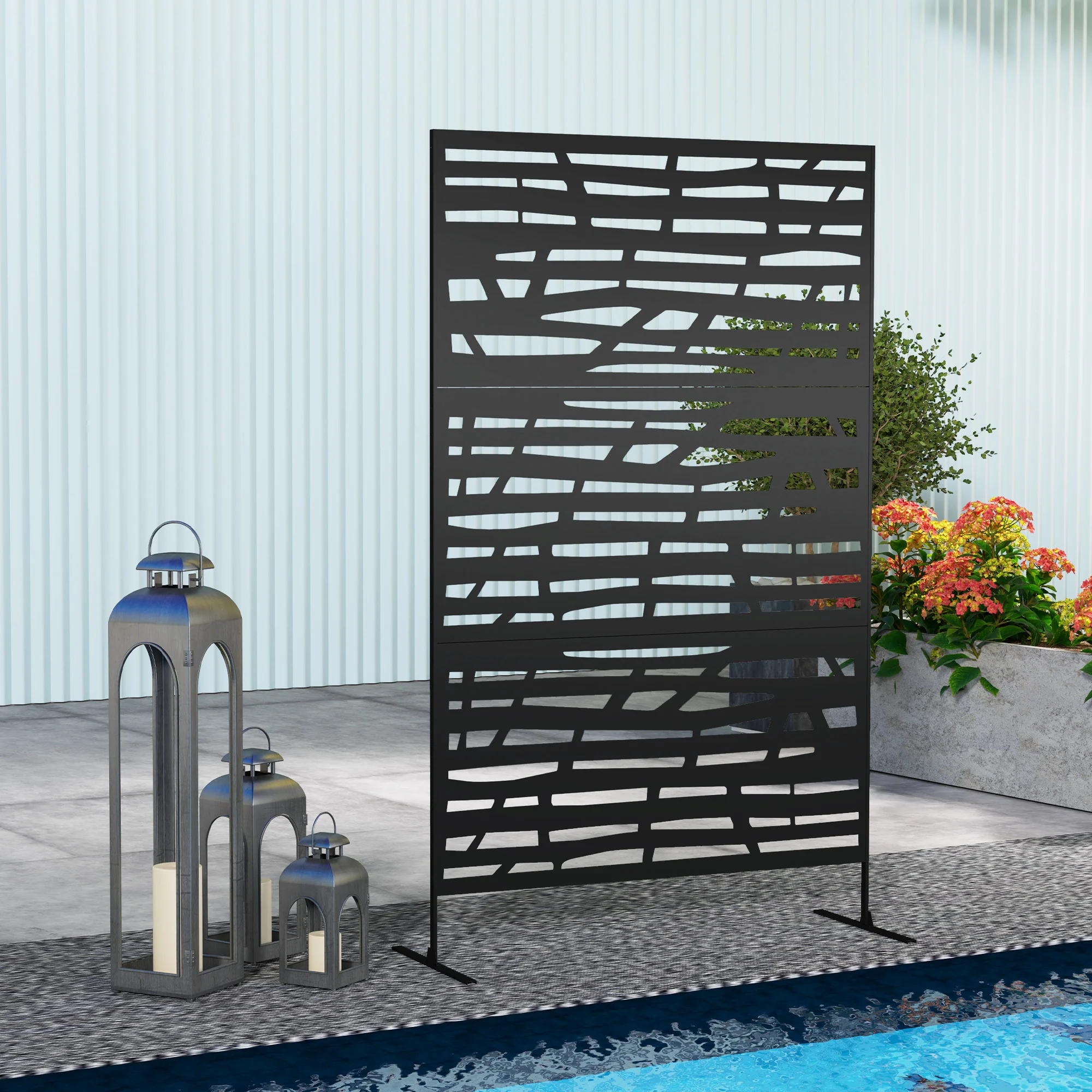 Metal Outdoor Privacy Screen, 78"H x 48"W Decorative Outdoor Divider with Stand, Freestanding Privacy Panel with Striped Hollow Design for Garden, Patio, Backyard, Black - Image 4