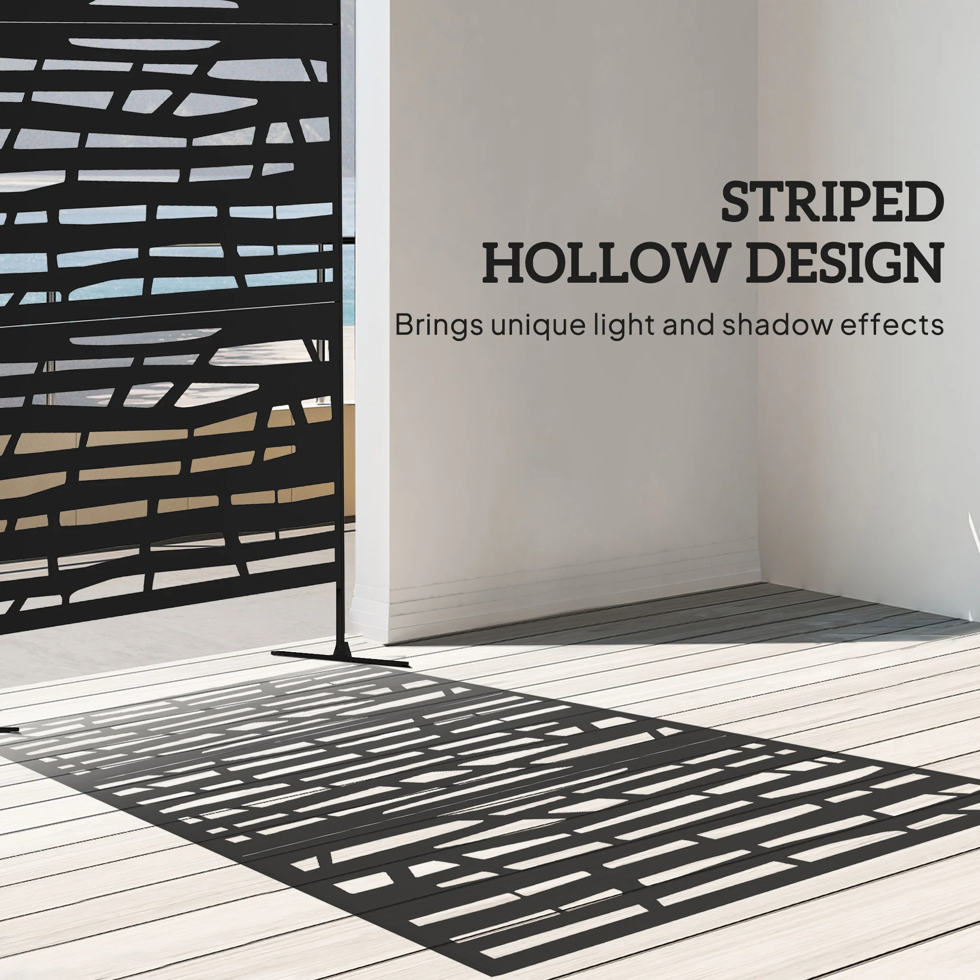 Metal Outdoor Privacy Screen, 78"H x 48"W Decorative Outdoor Divider with Stand, Freestanding Privacy Panel with Striped Hollow Design for Garden, Patio, Backyard, Black - Image 6