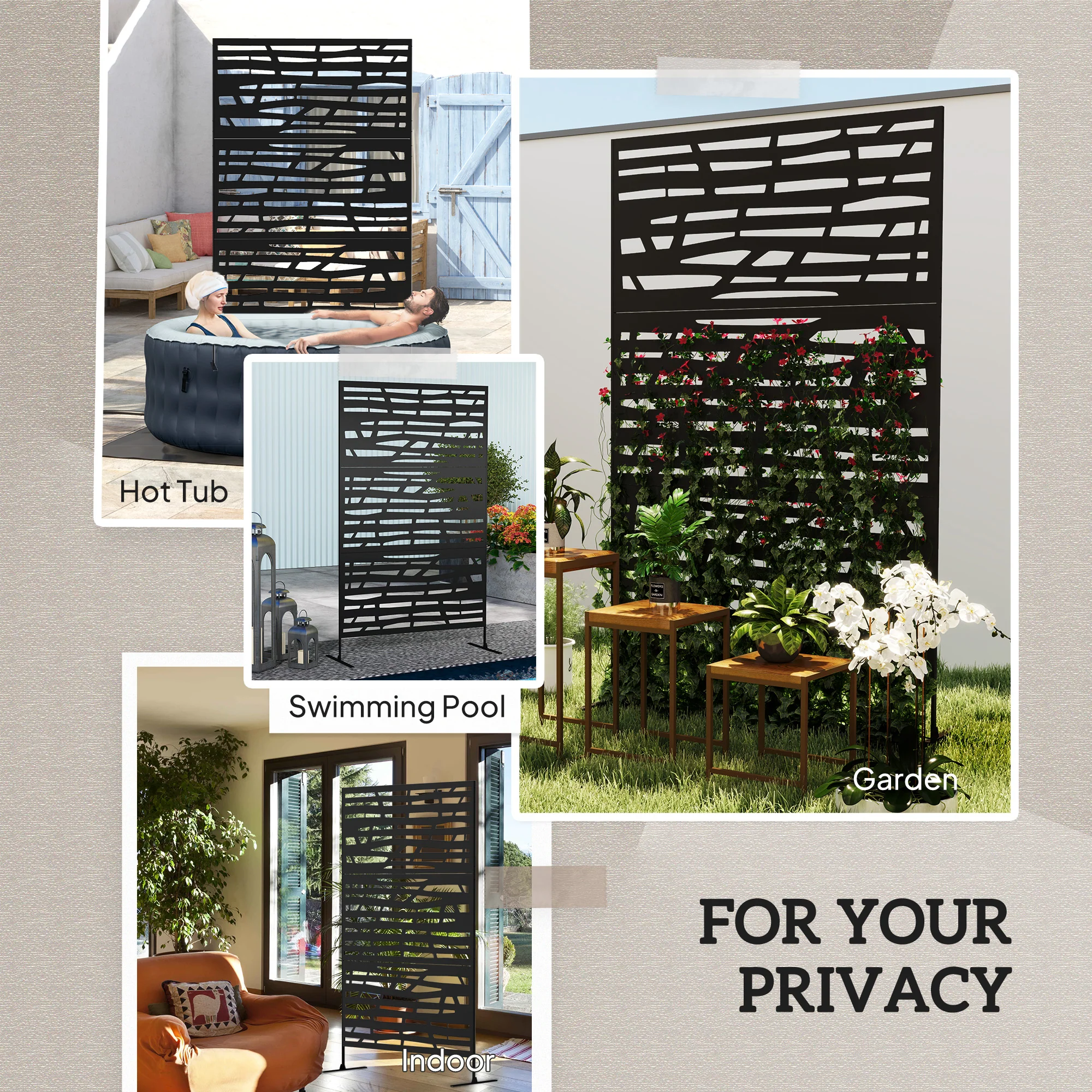 Metal Outdoor Privacy Screen, 78"H x 48"W Decorative Outdoor Divider with Stand, Freestanding Privacy Panel with Striped Hollow Design for Garden, Patio, Backyard, Black - Image 9