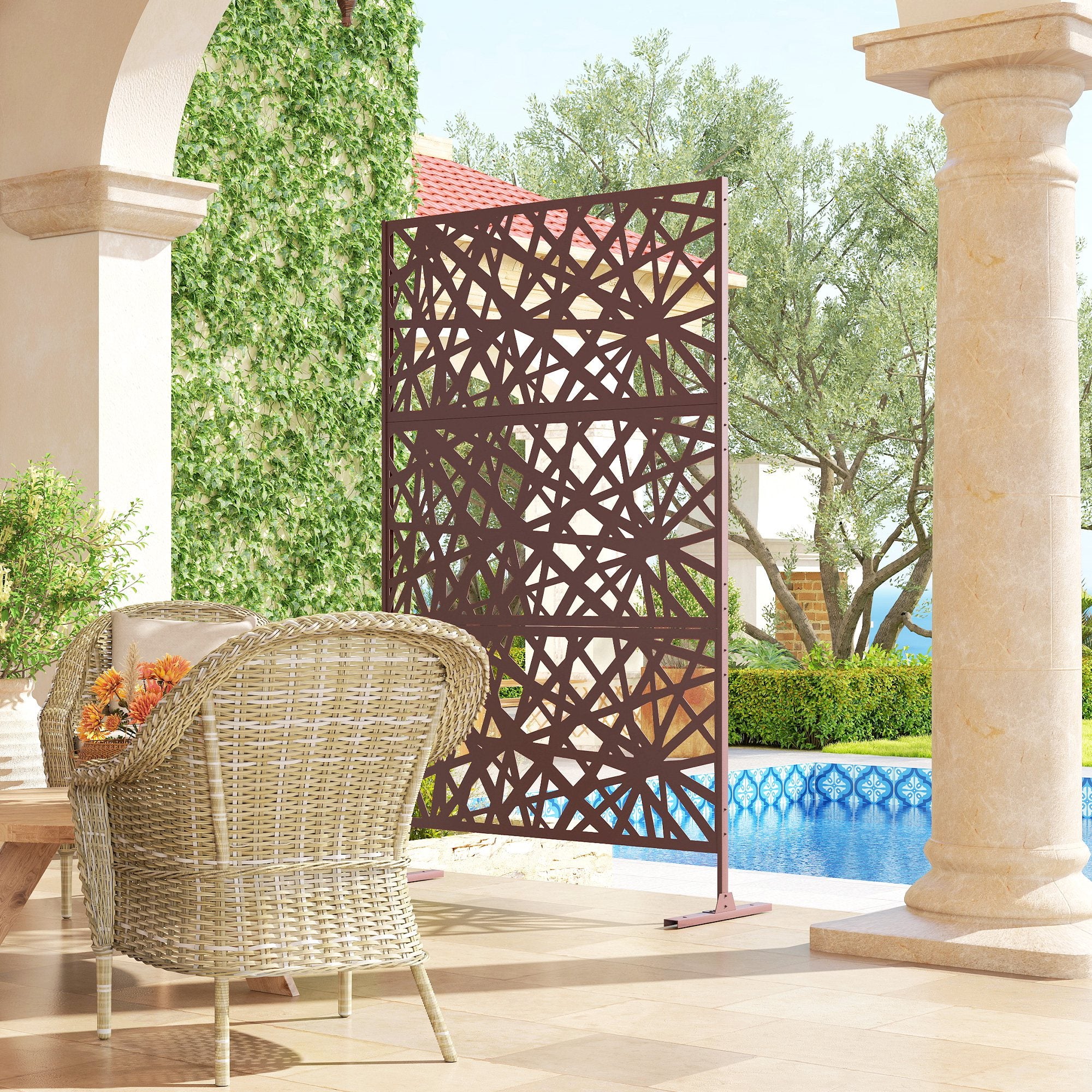 78" x 48" Metal Outdoor Privacy Screen, Labyrinth Design, Dark Brown - Image 11