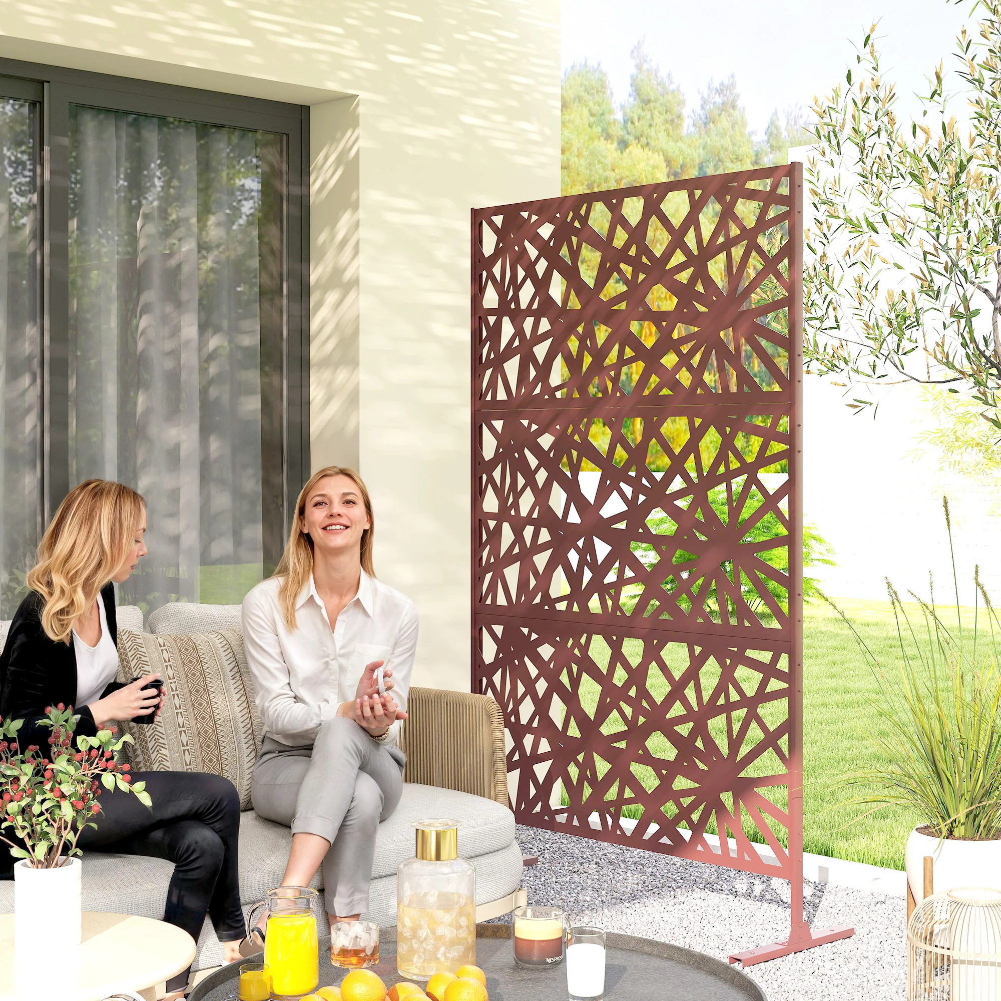 78" x 48" Metal Outdoor Privacy Screen, Labyrinth Design, Dark Brown - Image 3