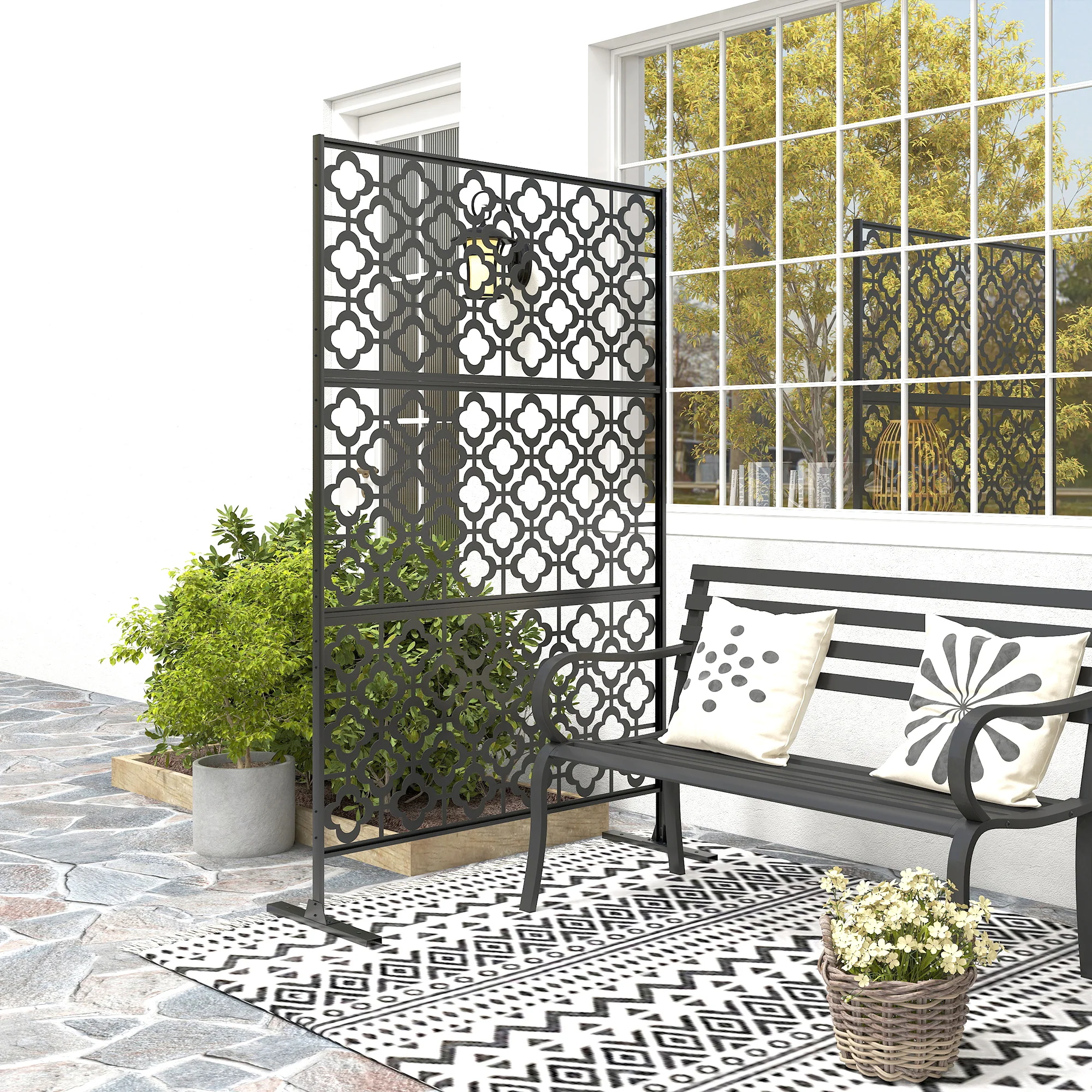 78" x 48" Metal Outdoor Privacy Screen, Quatrefoil Design, Black - Image 10