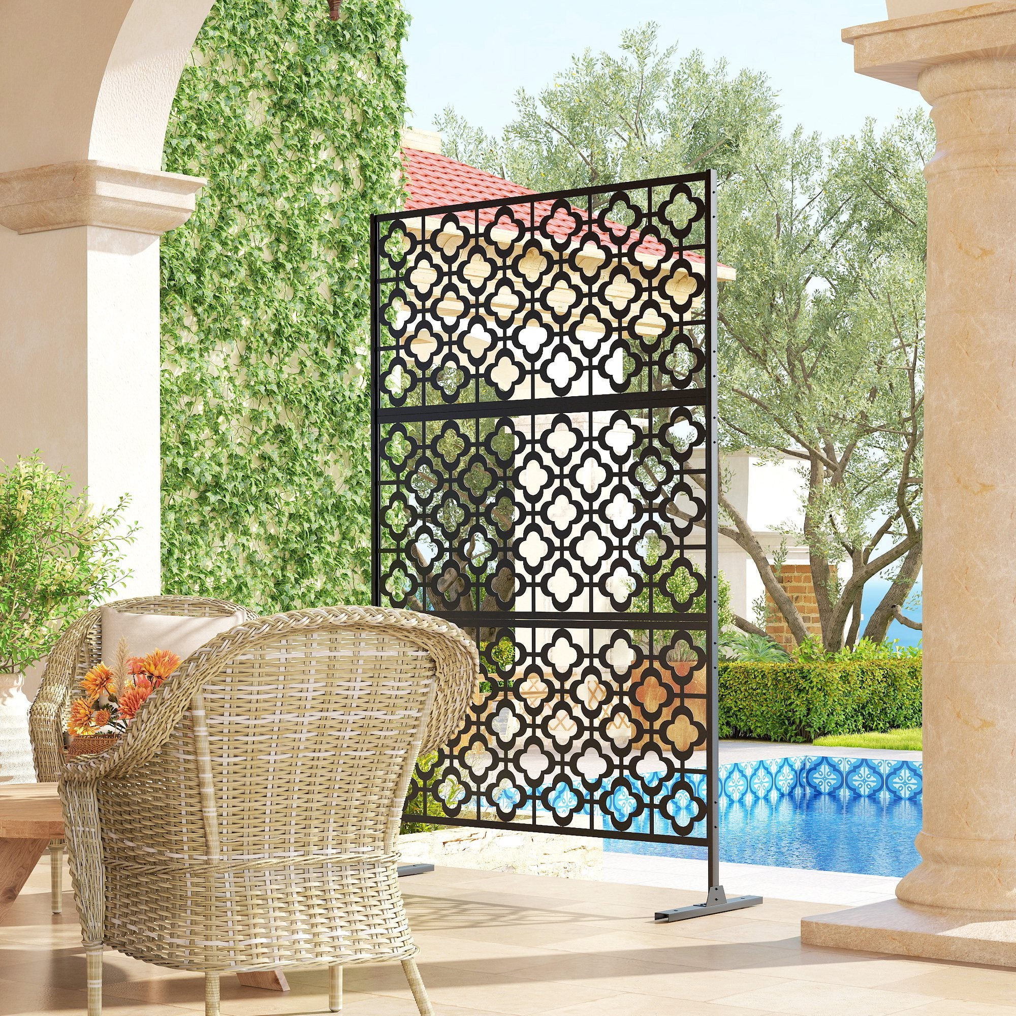 78" x 48" Metal Outdoor Privacy Screen, Quatrefoil Design, Black - Image 11
