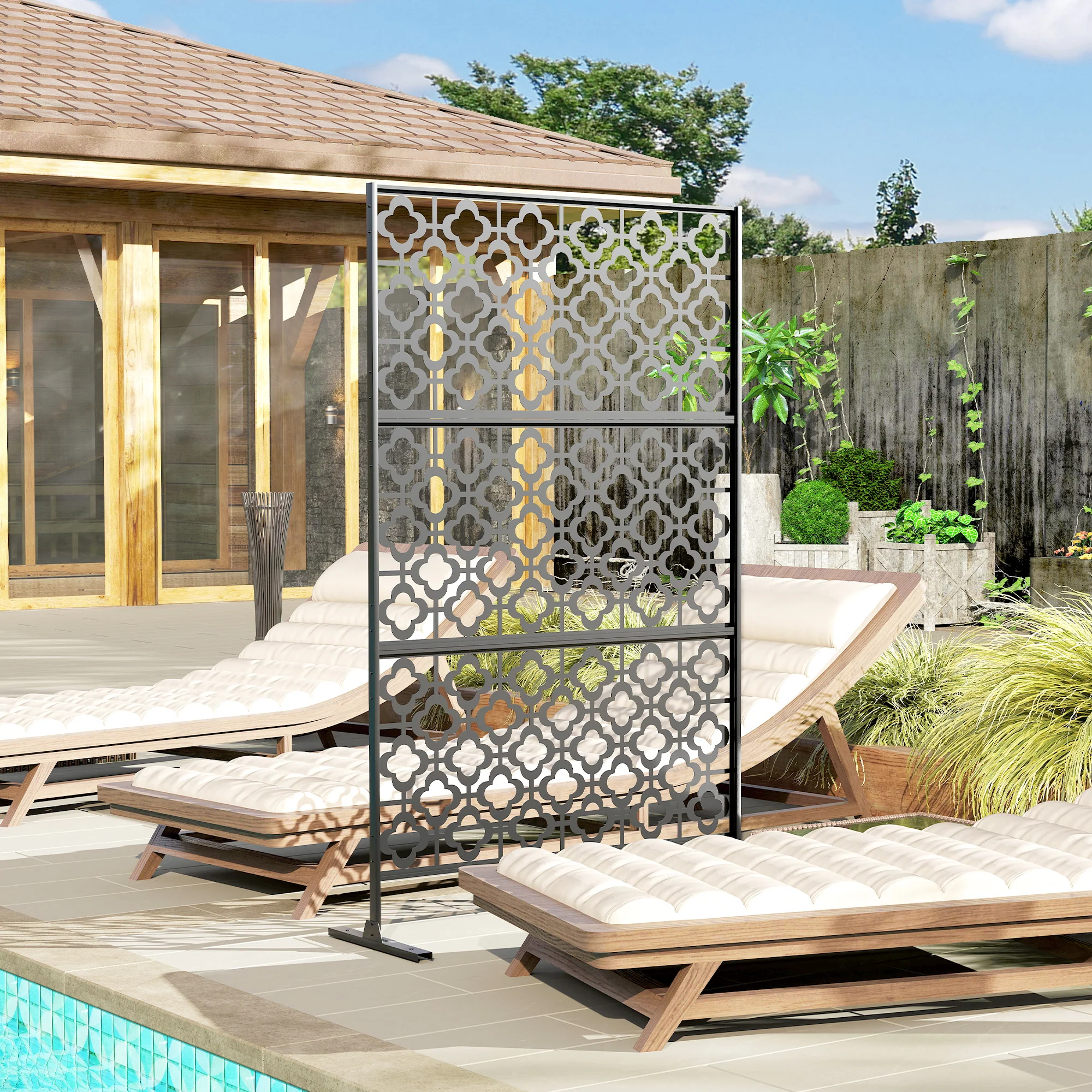 78" x 48" Metal Outdoor Privacy Screen, Quatrefoil Design, Black - Image 4