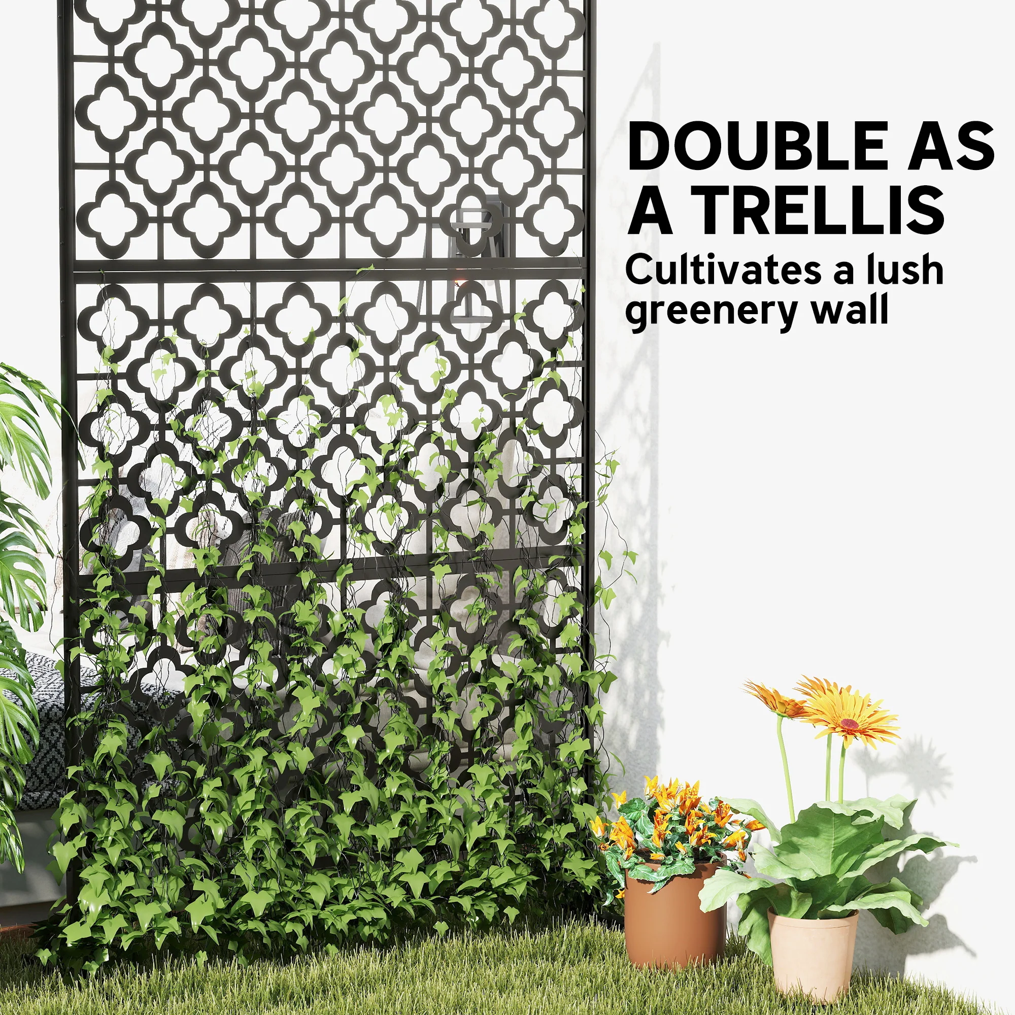 78" x 48" Metal Outdoor Privacy Screen, Quatrefoil Design, Black - Image 7
