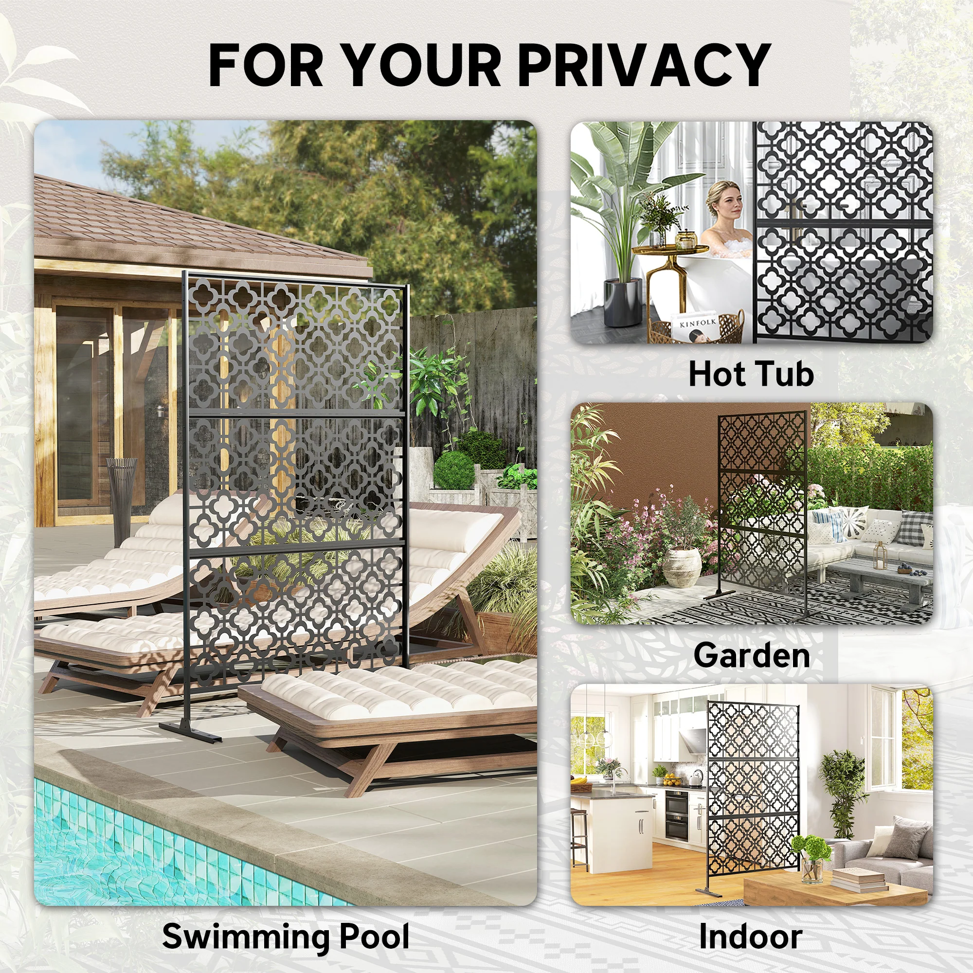 78" x 48" Metal Outdoor Privacy Screen, Quatrefoil Design, Black - Image 9