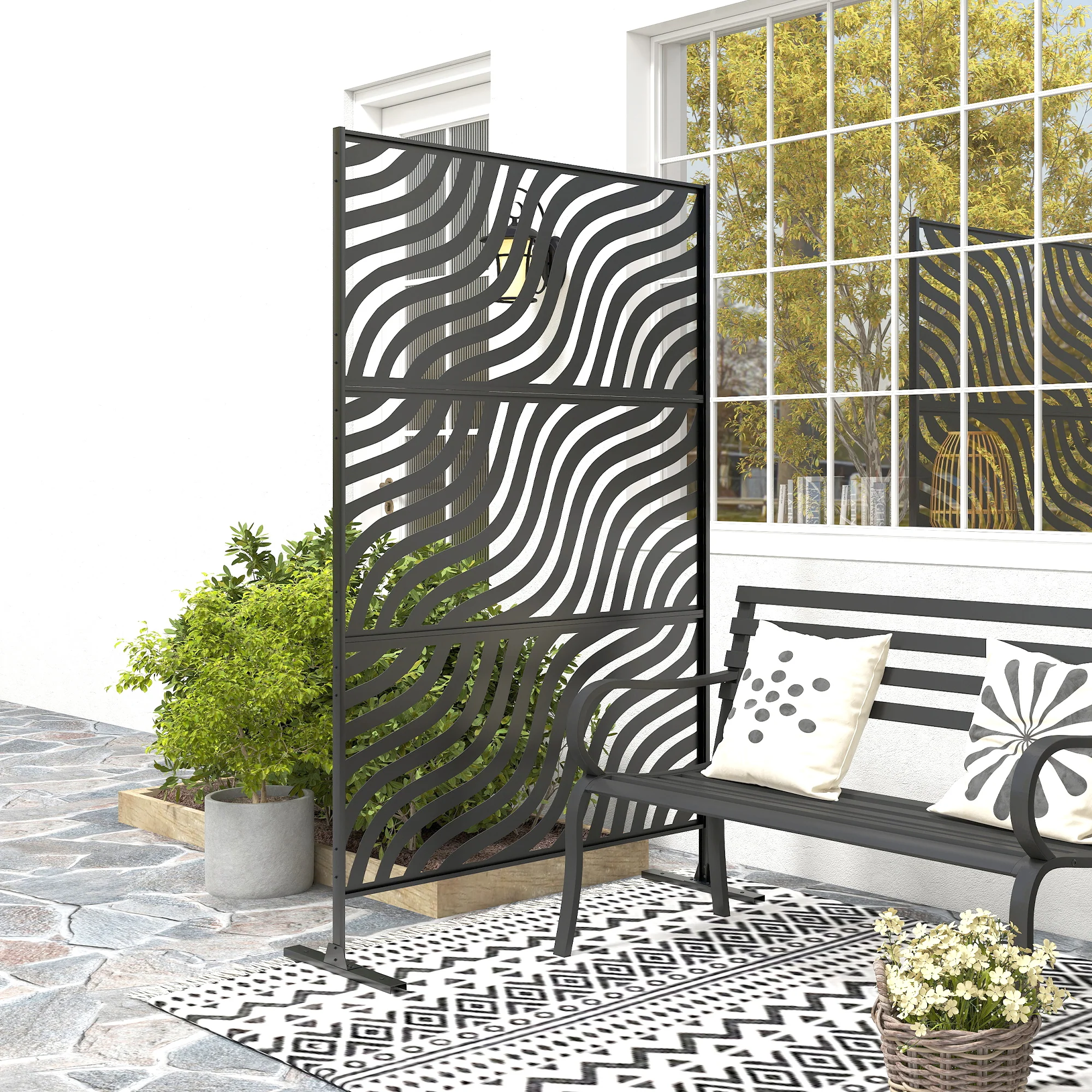 78" x 48" Metal Outdoor Privacy Screen, Ripple Design, Black - Image 10