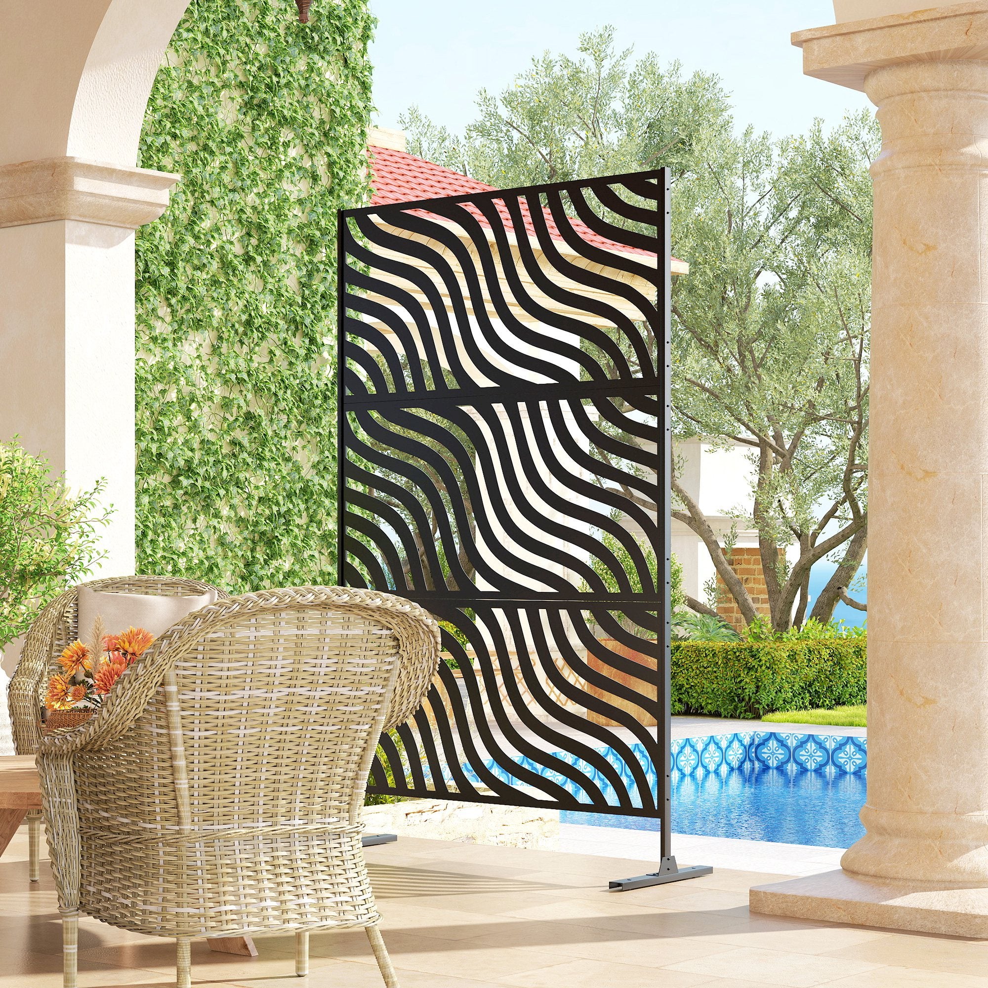 78" x 48" Metal Outdoor Privacy Screen, Ripple Design, Black - Image 11