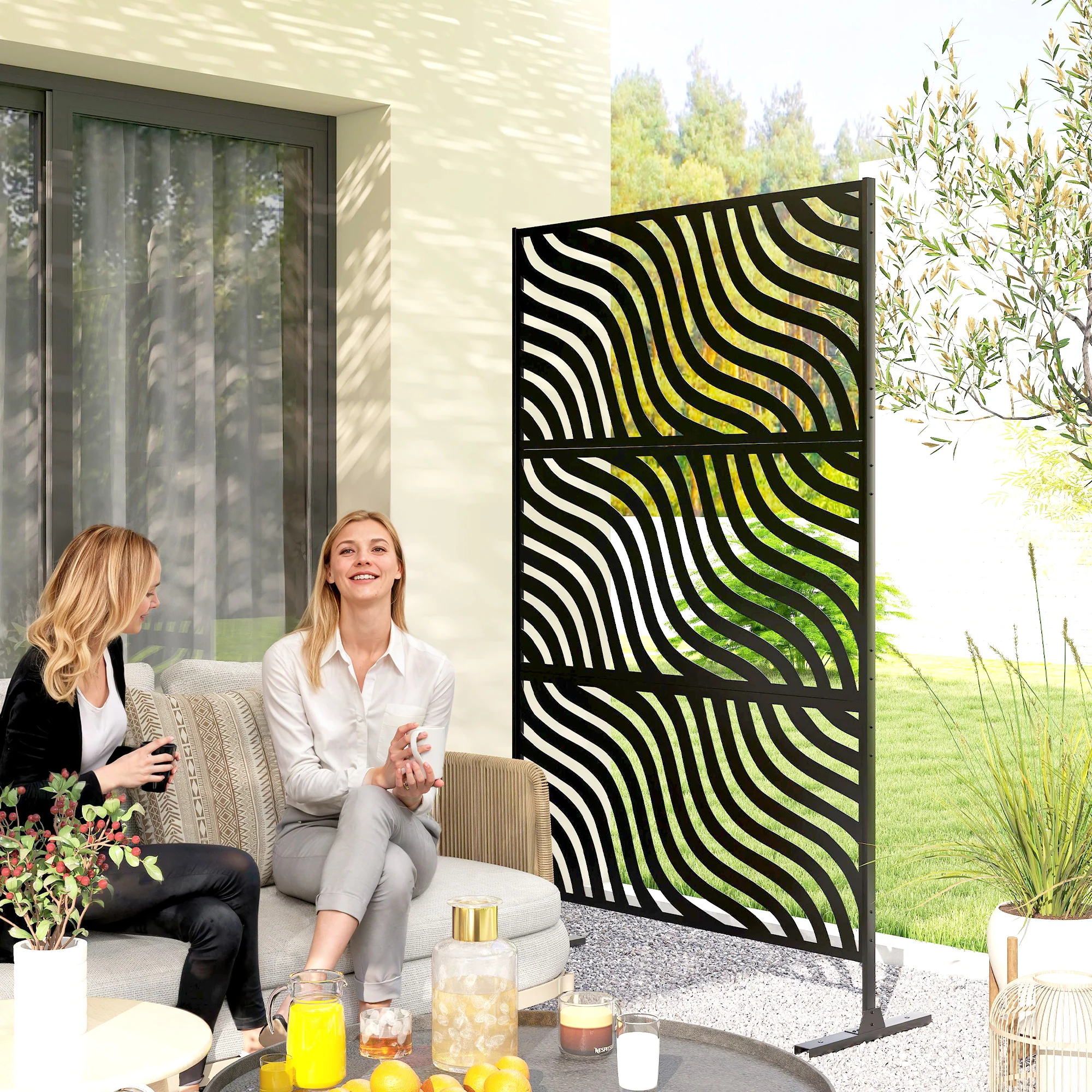 78" x 48" Metal Outdoor Privacy Screen, Ripple Design, Black - Image 3