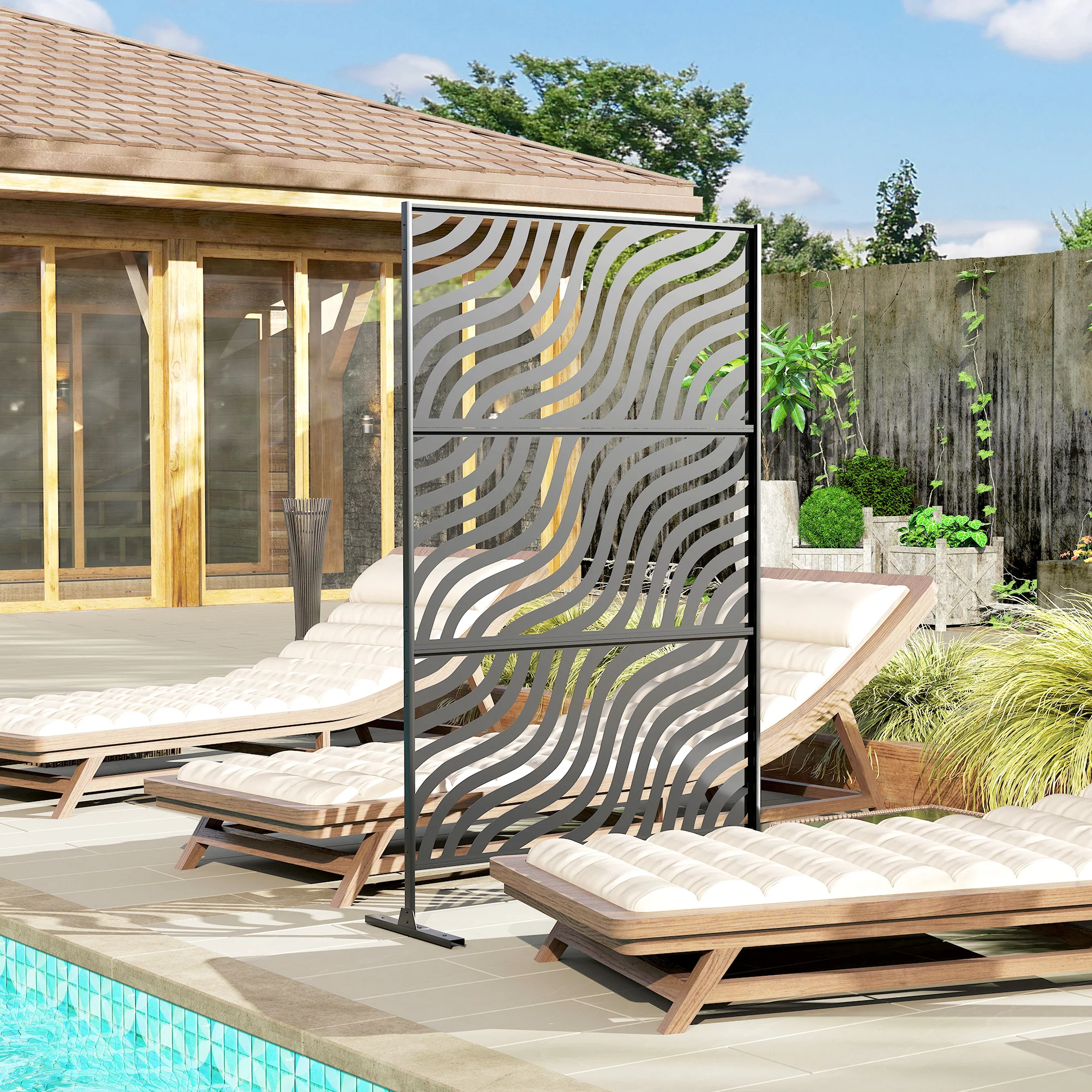 78" x 48" Metal Outdoor Privacy Screen, Ripple Design, Black - Image 4
